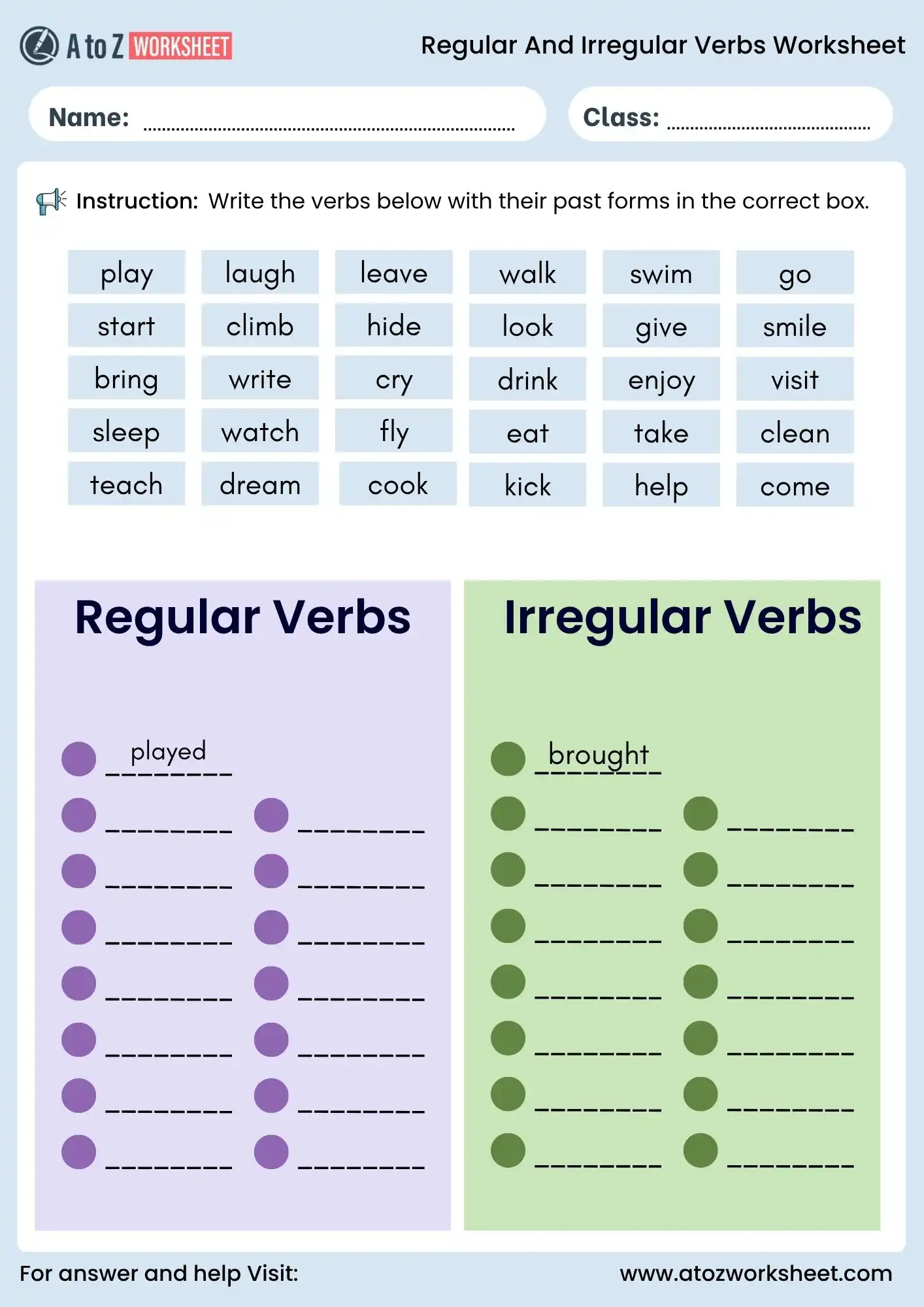 regular and irregular verbs worksheets sorting activity for kids