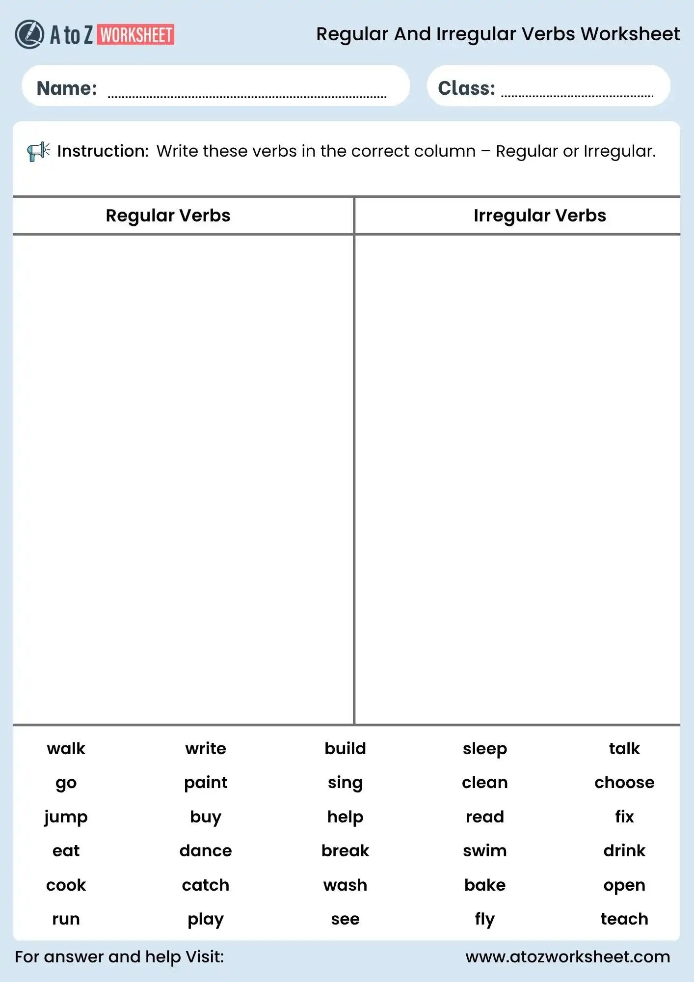 regular and irregular verbs worksheets table sorting grammar exercise
