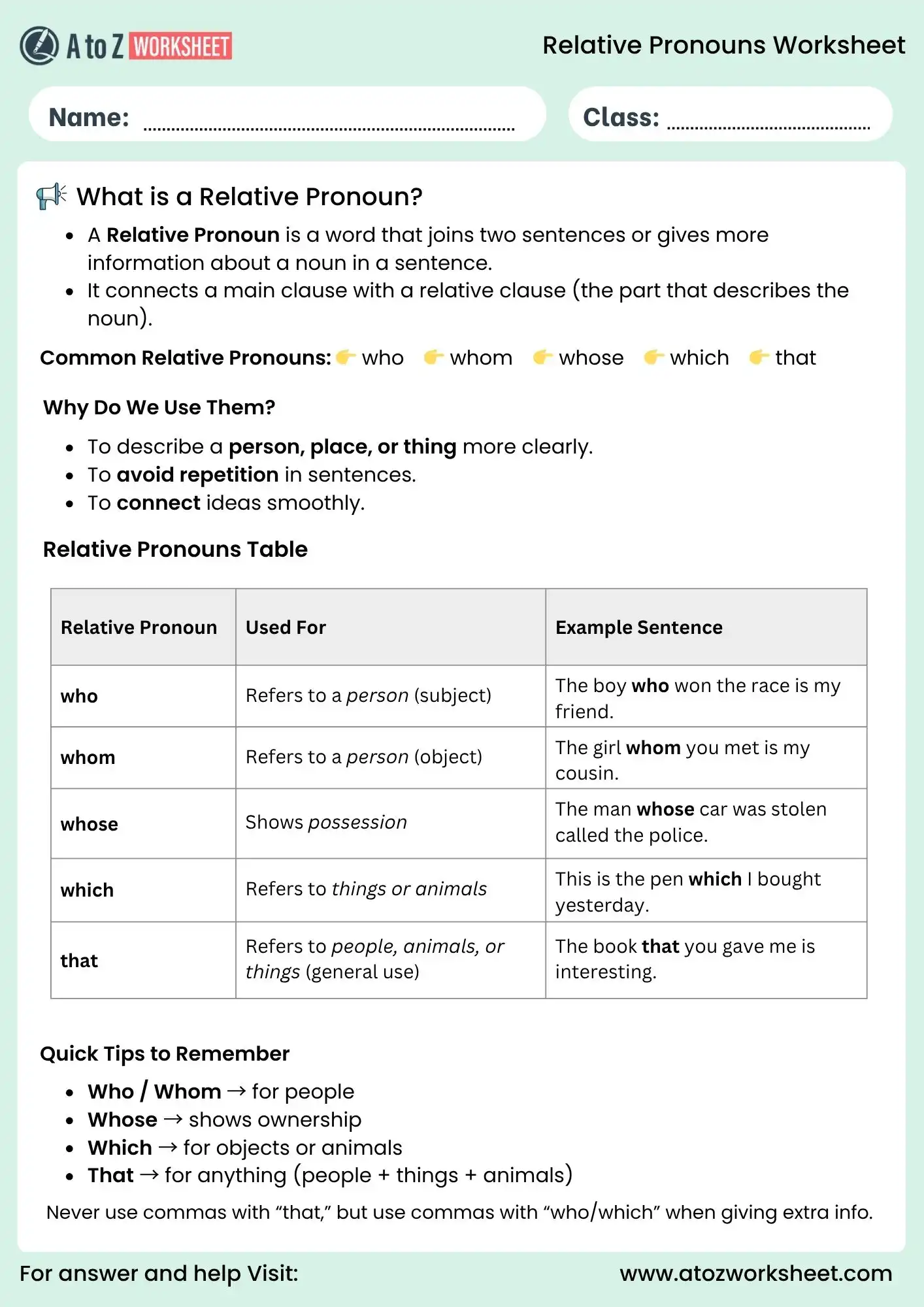 relative pronouns worksheets for grade 4 grammar chart