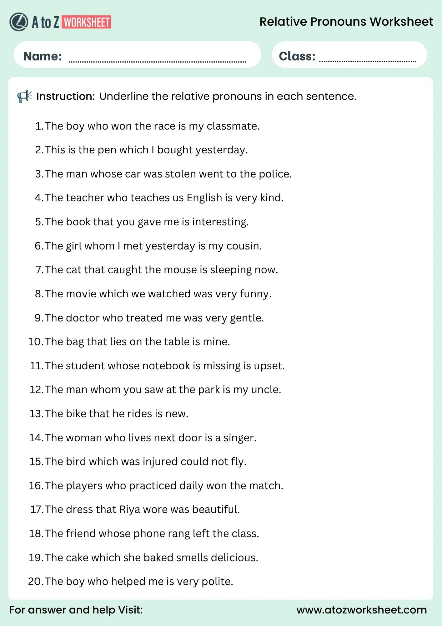 relative pronouns worksheets underline activity for grade 5