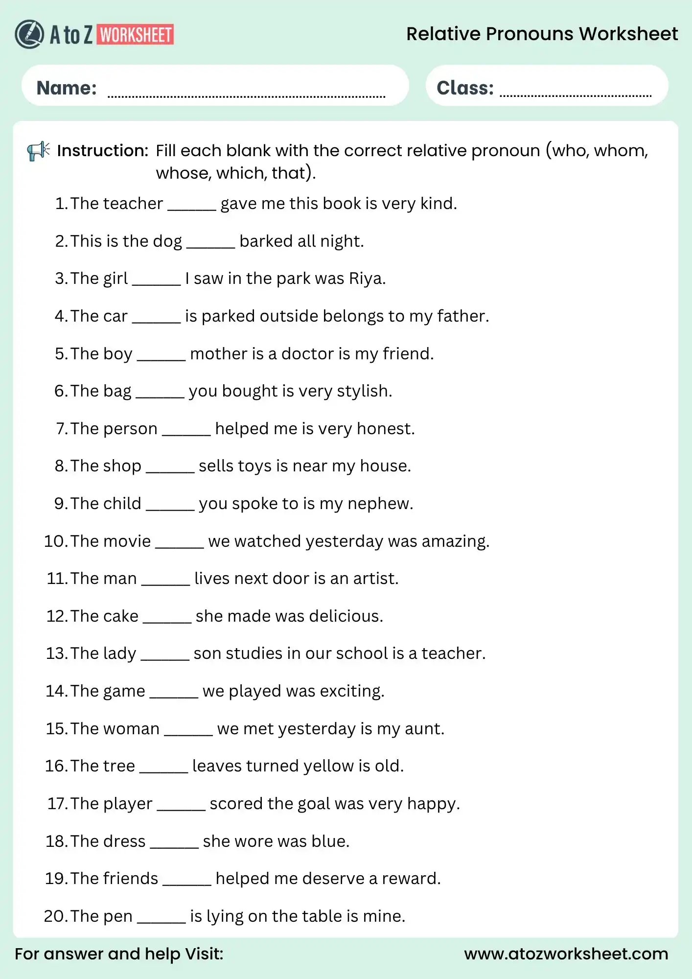 relative pronouns worksheets fill in the blanks grade 6