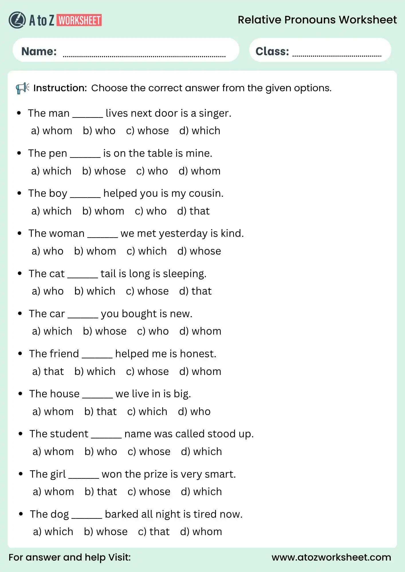 relative pronouns worksheets mcq questions for grammar practice