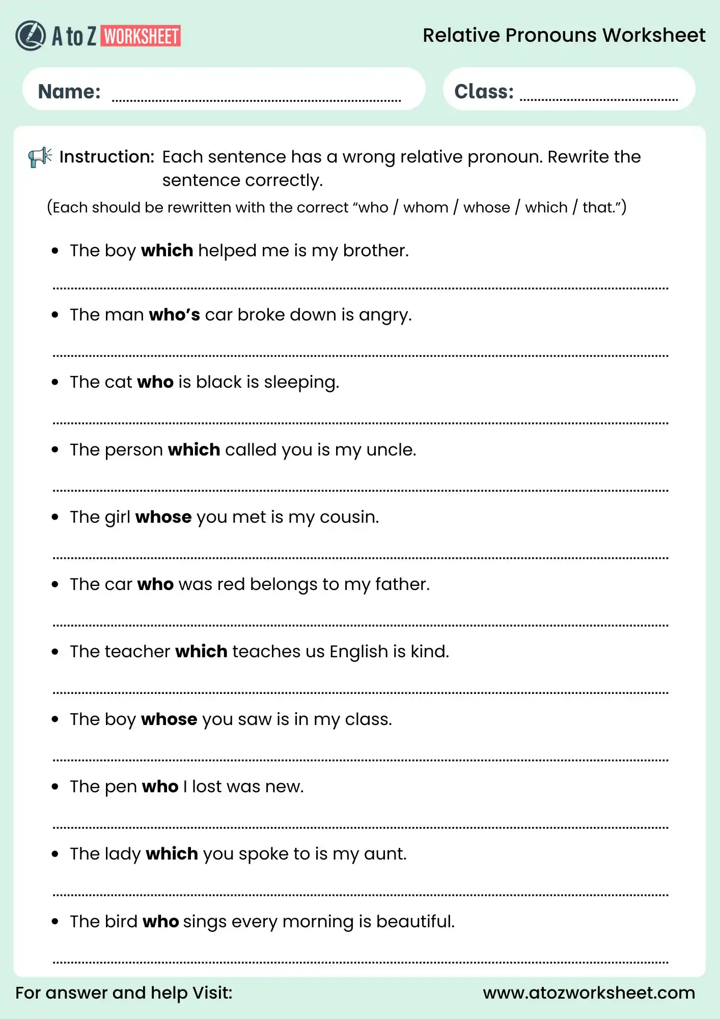 relative pronouns worksheets rewrite sentence correctly exercise