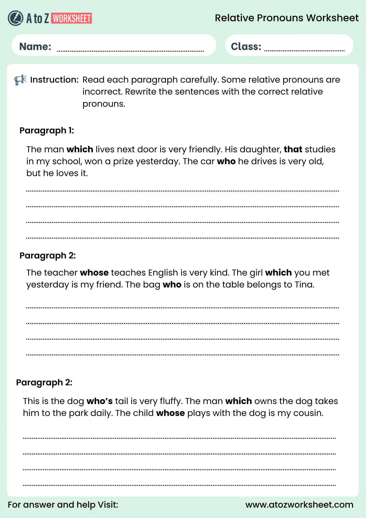 relative pronouns worksheets paragraph correction activity