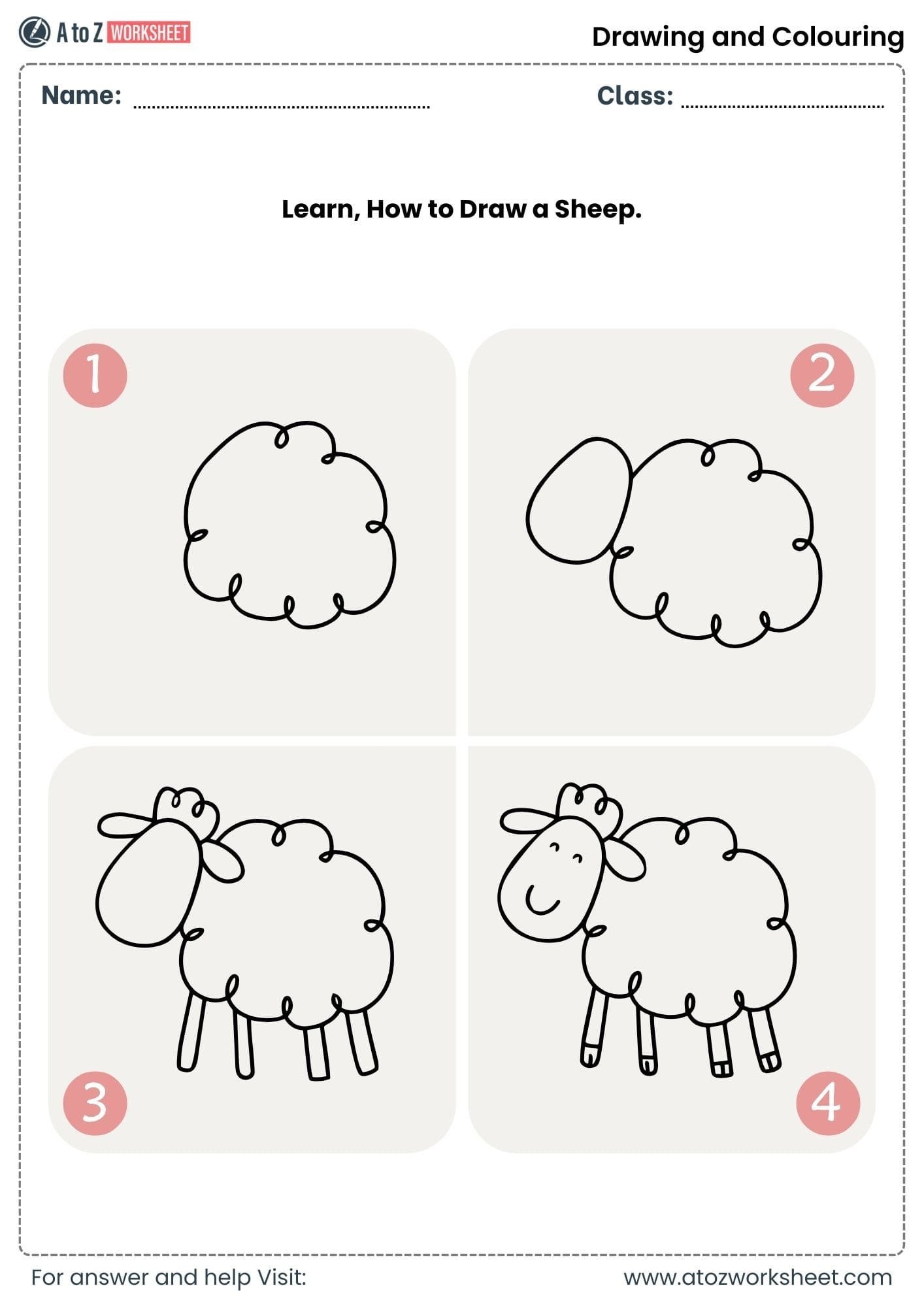 draw sheep step by step grid drawing colouring worksheets