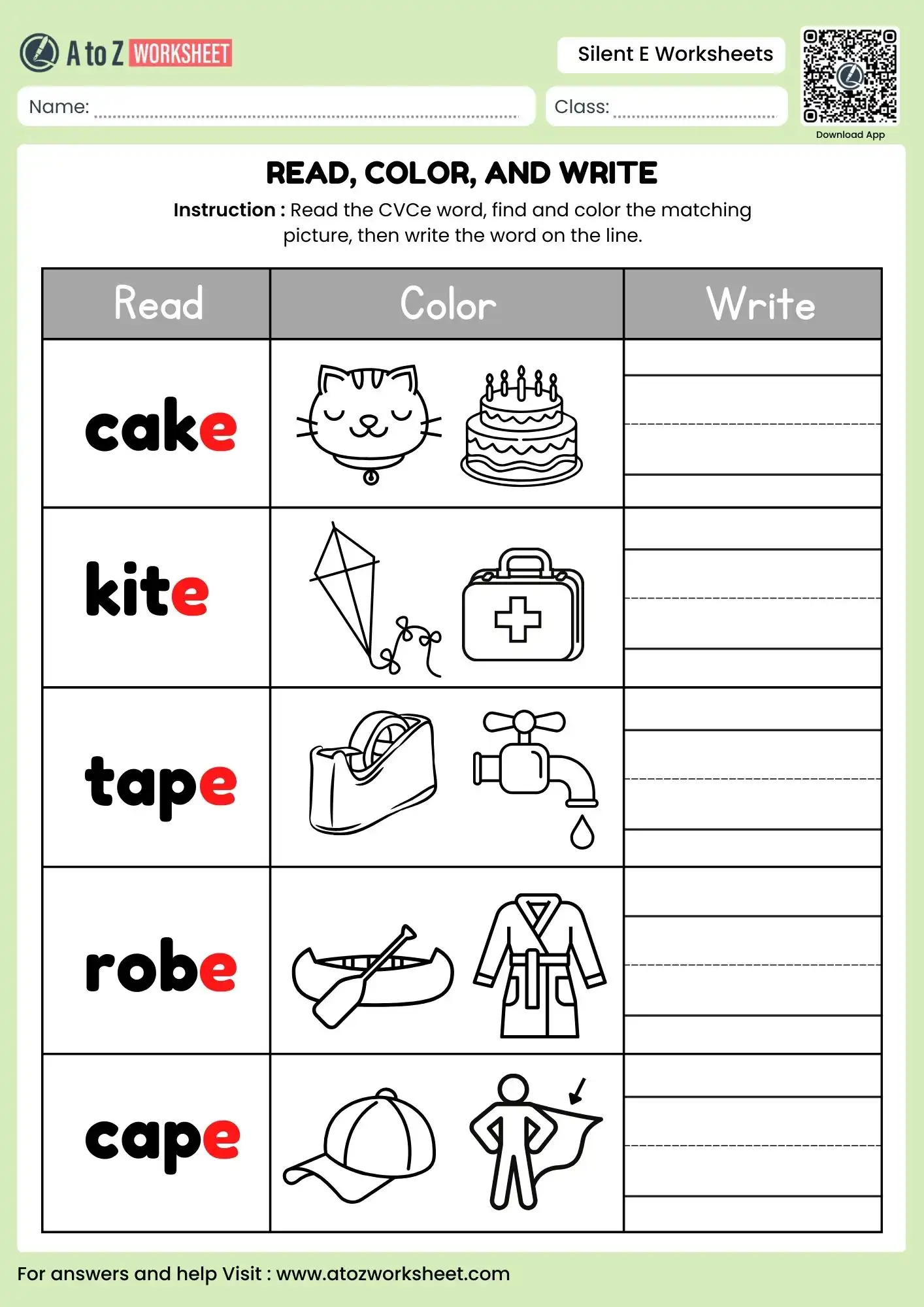 short and long vowel silent e worksheets for cake kite and tape