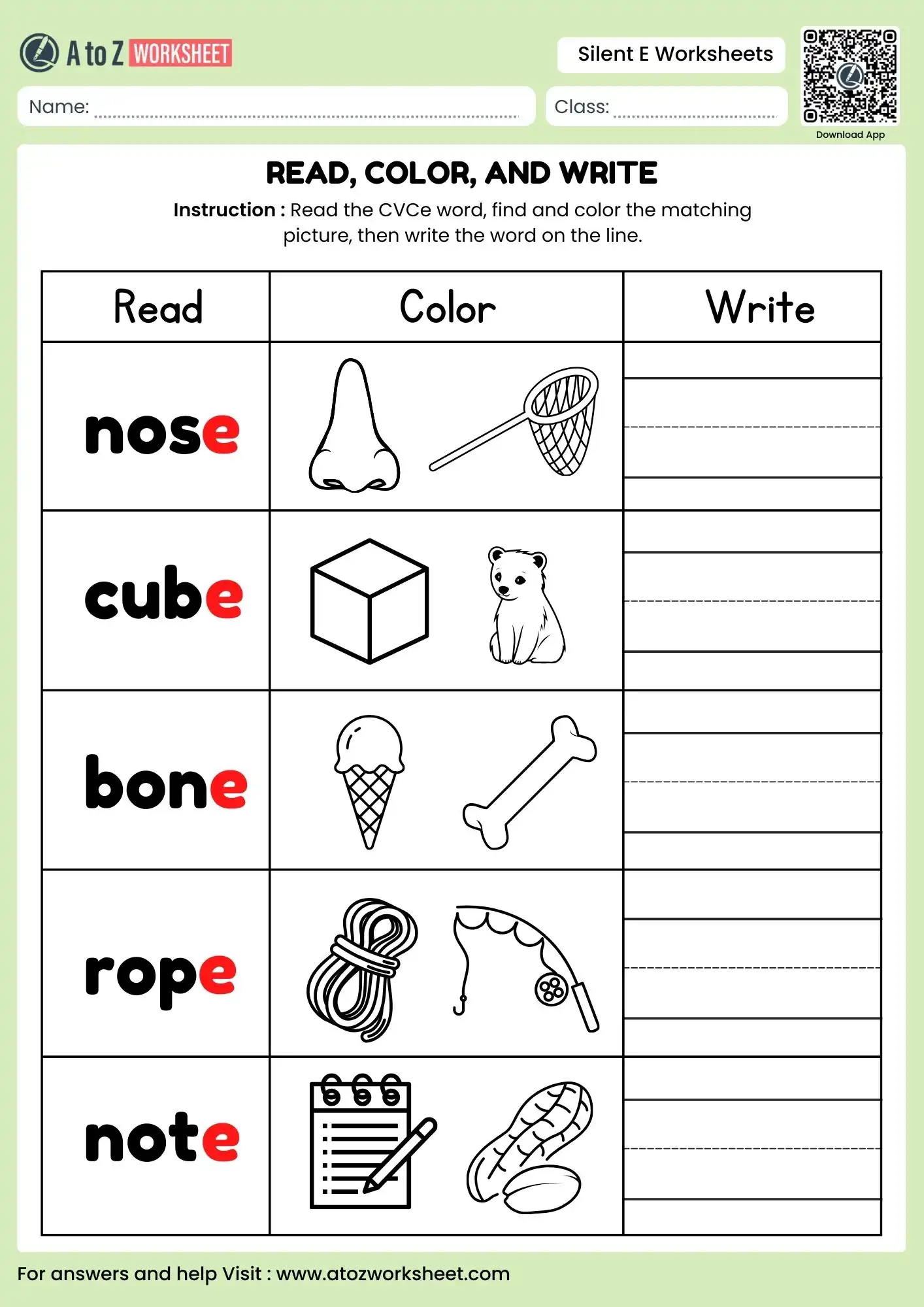 short and long vowel silent e worksheets showing nose cube and bone