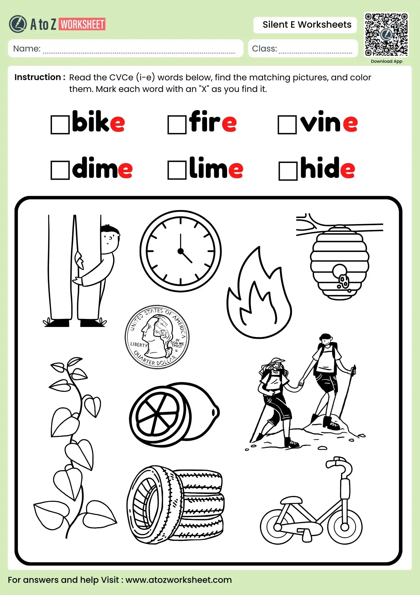 short and long vowel silent e worksheets finding bike fire and dime in a picture