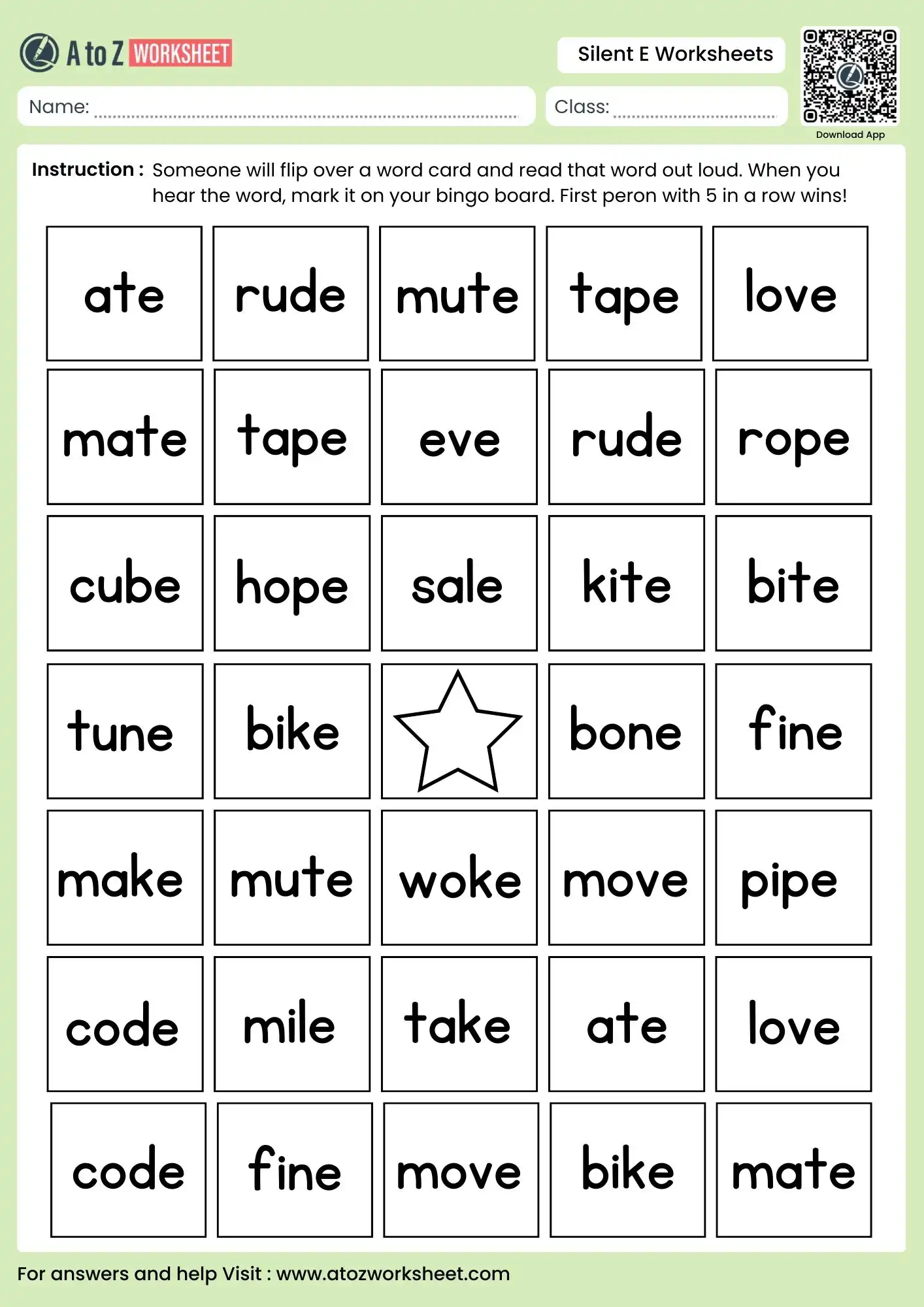 short and long vowel silent e worksheets with bingo board for classroom play