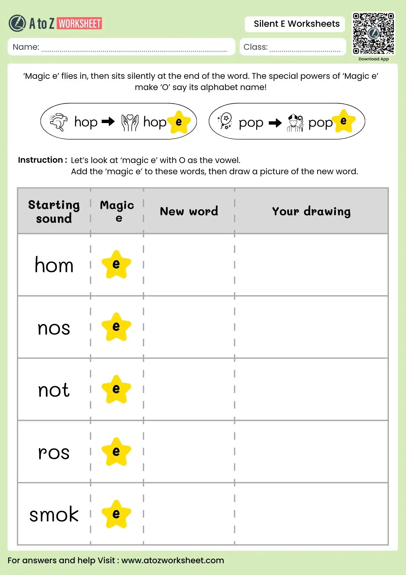 short and long vowel silent e worksheets adding e to hop and pop