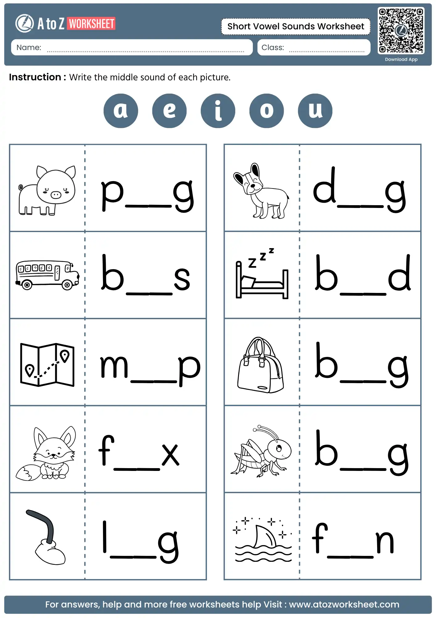 middle vowel sound identification for cvc words in short vowel sounds worksheets.