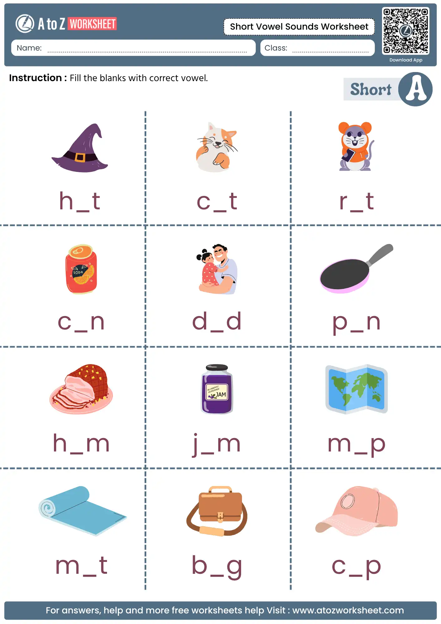 short vowel a practice page from short vowel sounds worksheets featuring a hat and a cat
