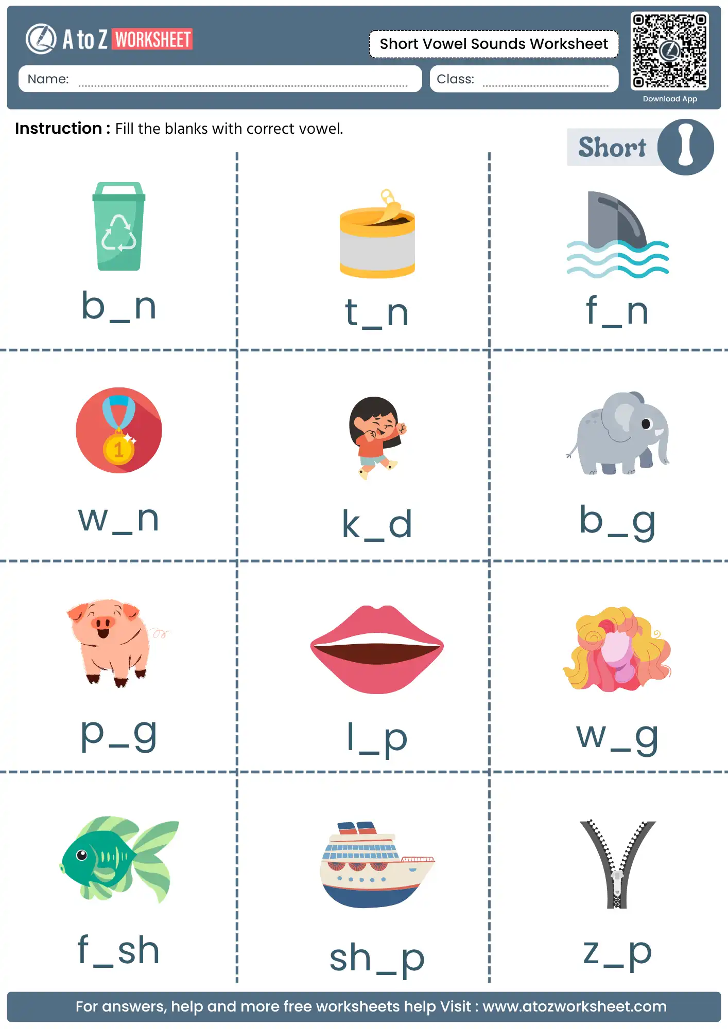 short vowel i activities in short vowel sounds worksheets with bin and fish illustrations