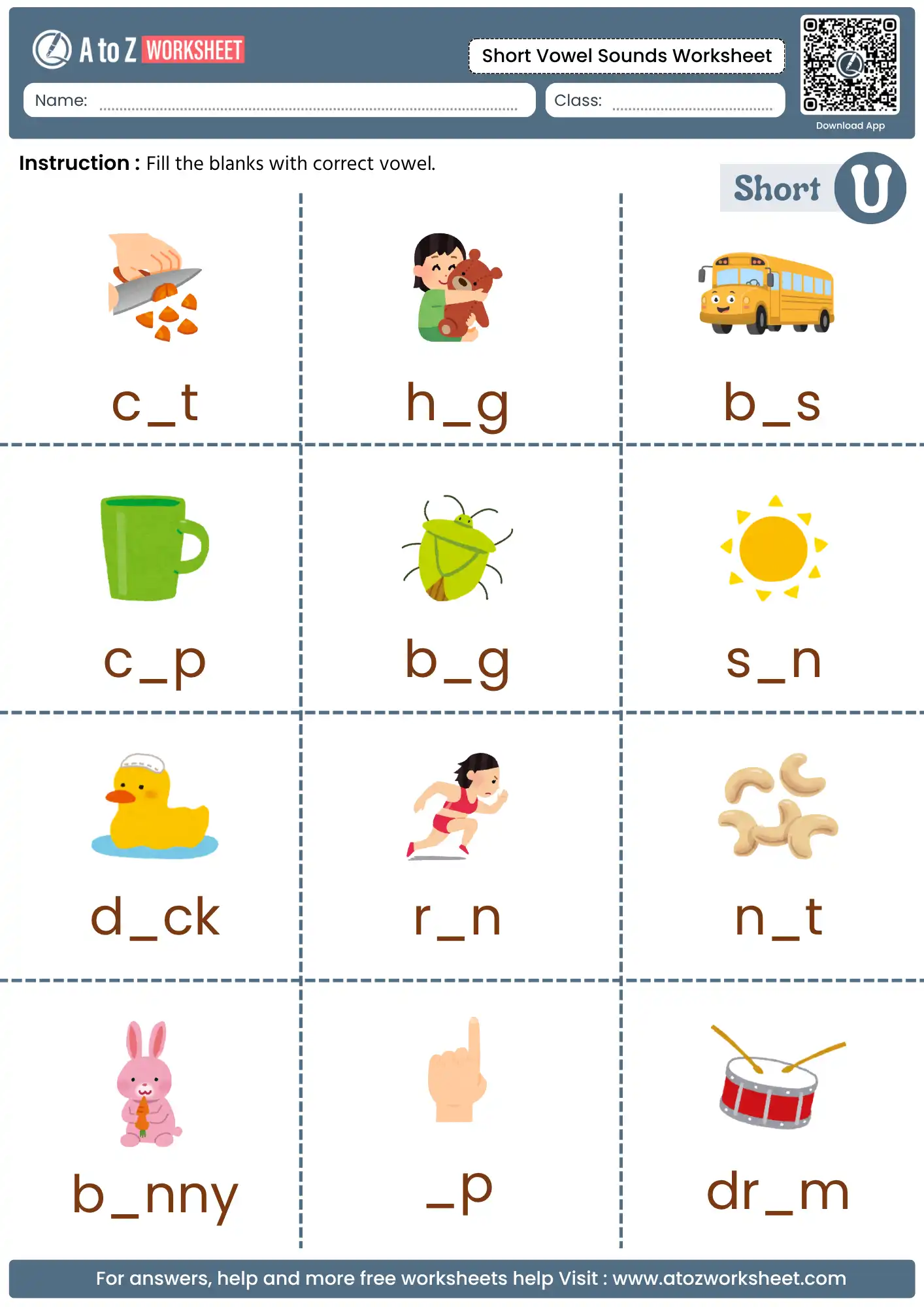 short vowel u phonics page from short vowel sounds worksheets with sun and duck images