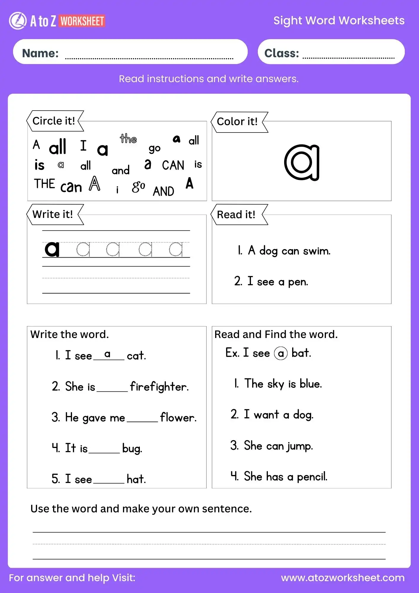 sight word worksheets a for ukg and grade 1
