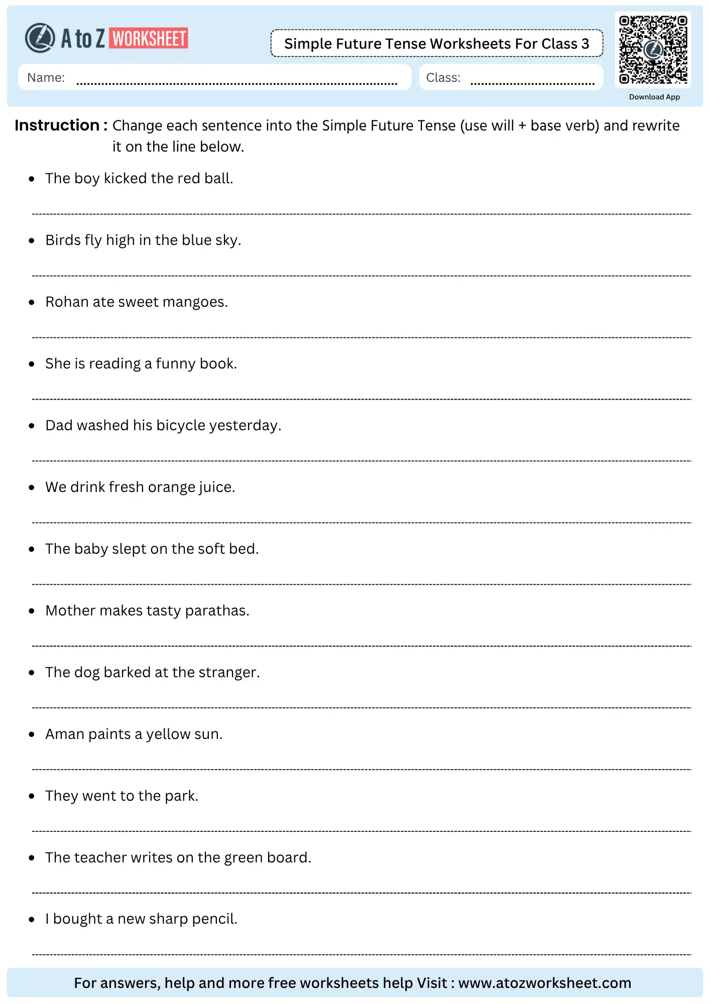 simple future tense worksheets for class 3 sentence rewriting transformation practice pdf