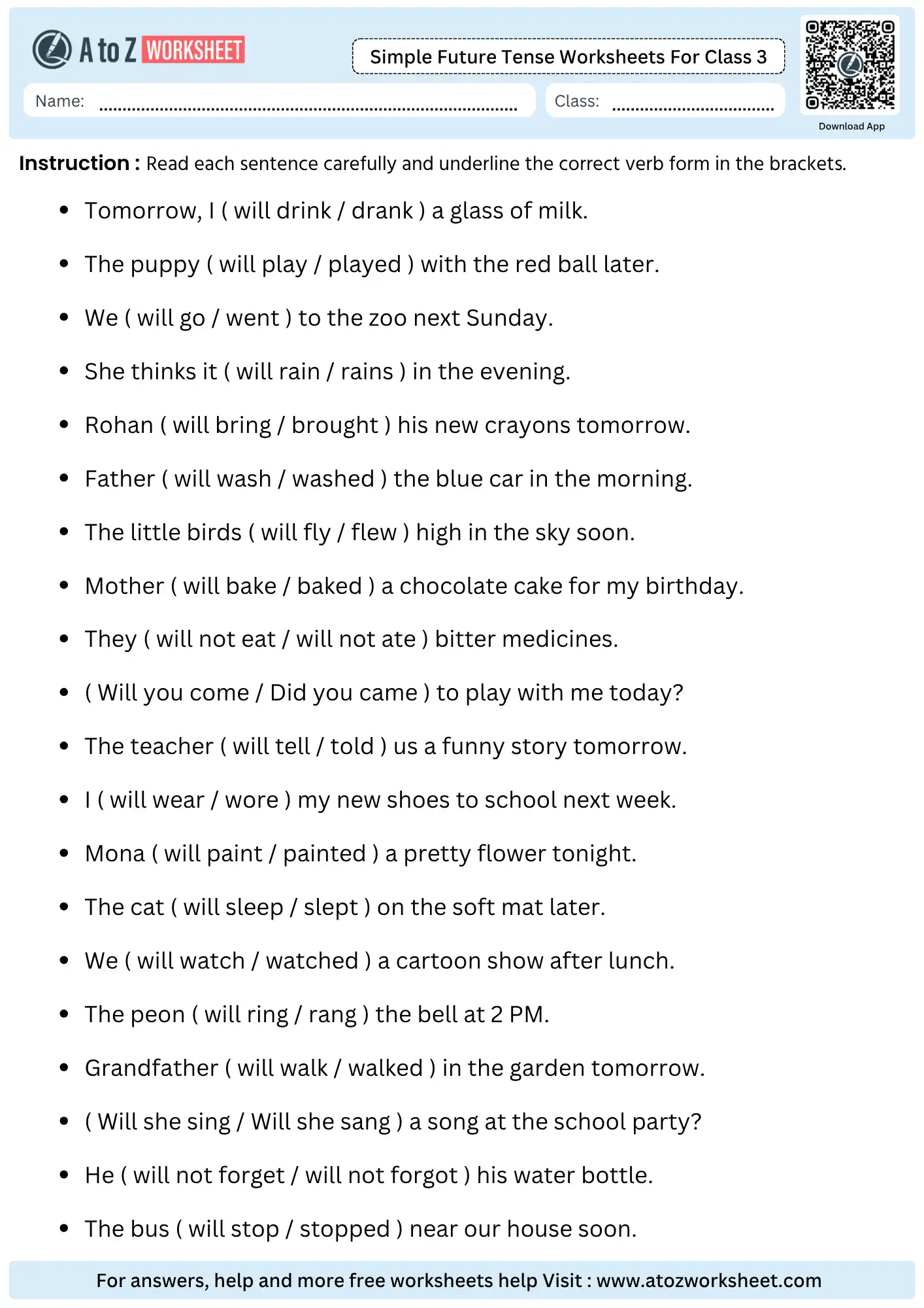 simple future tense worksheets for class 3 underline correct verb form in brackets with answers