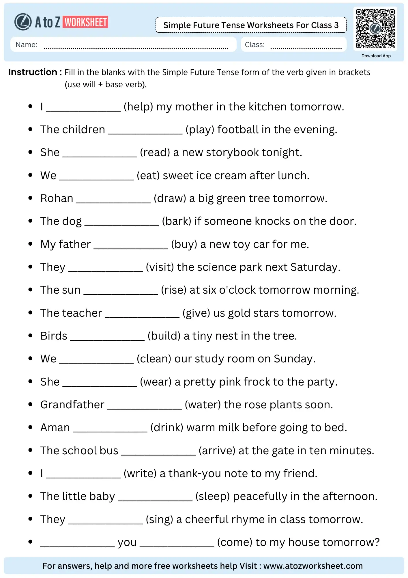 simple future tense worksheets for class 3 fill in blanks with will base verb printable pdf
