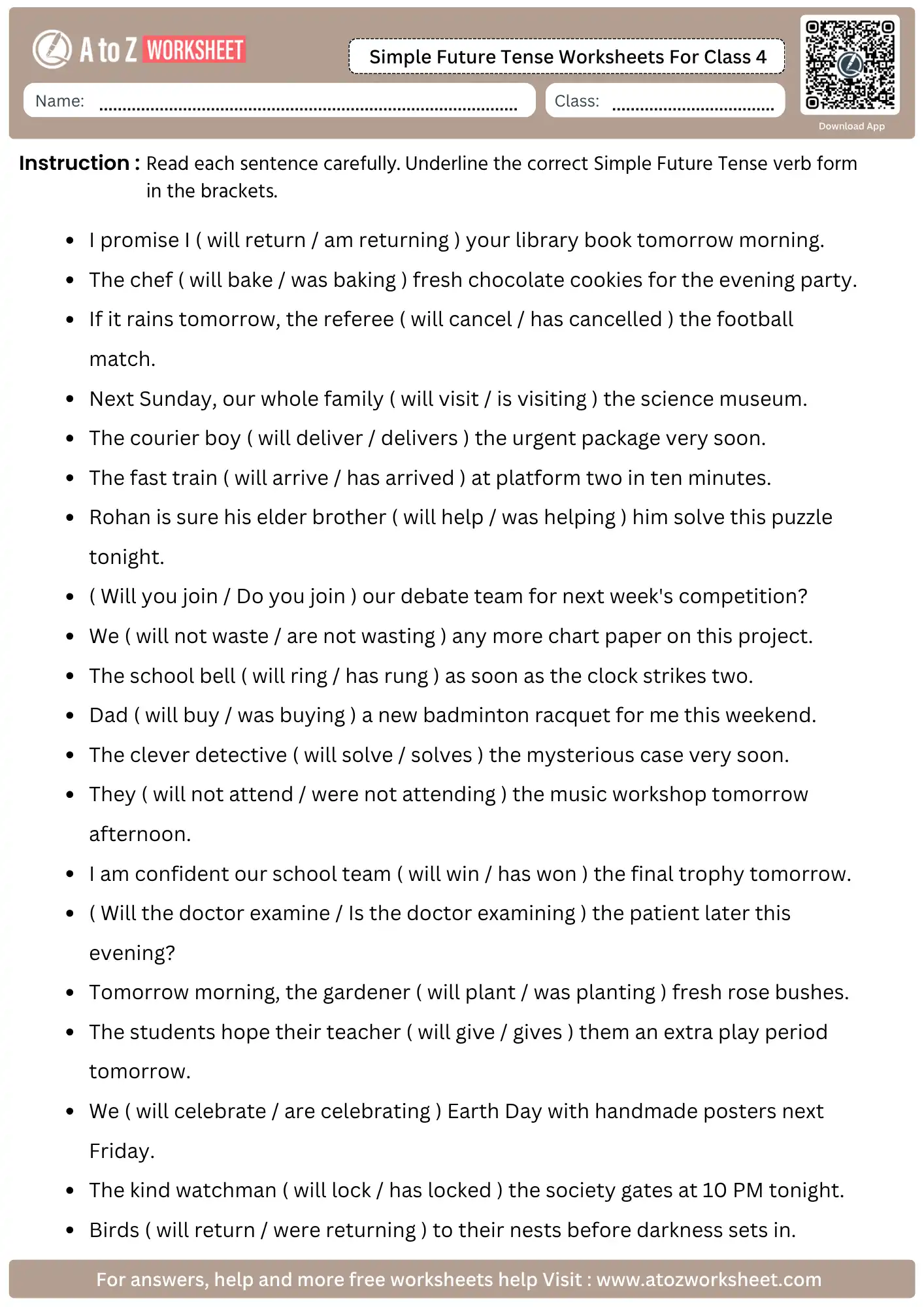 simple future tense worksheets for class 4 underline correct verb form in brackets with answers
