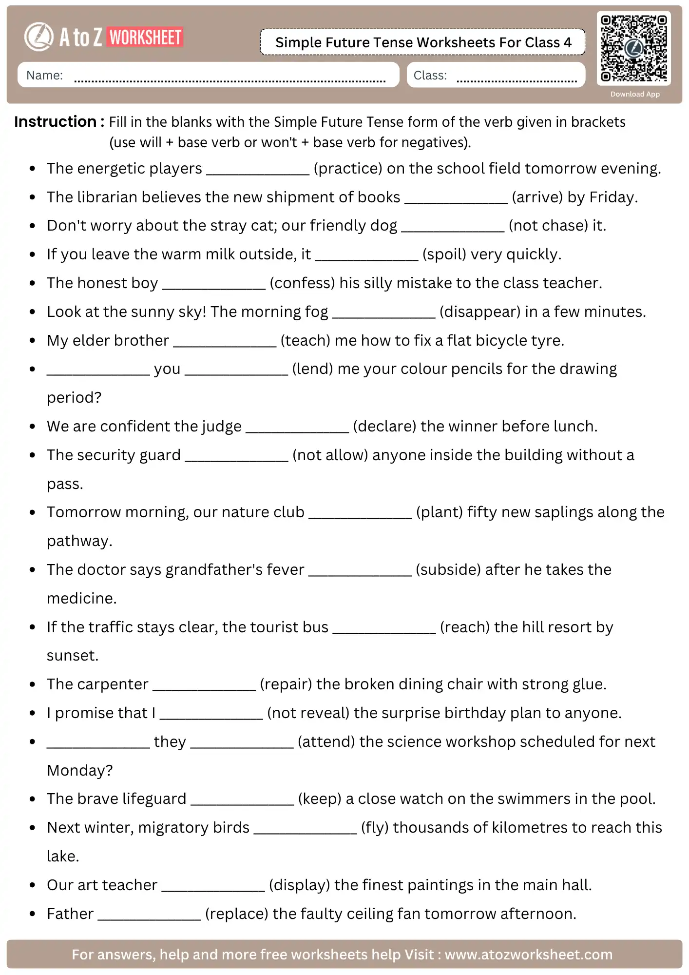 simple future tense worksheets for class 4 fill in blanks will and wont base verb free worksheet