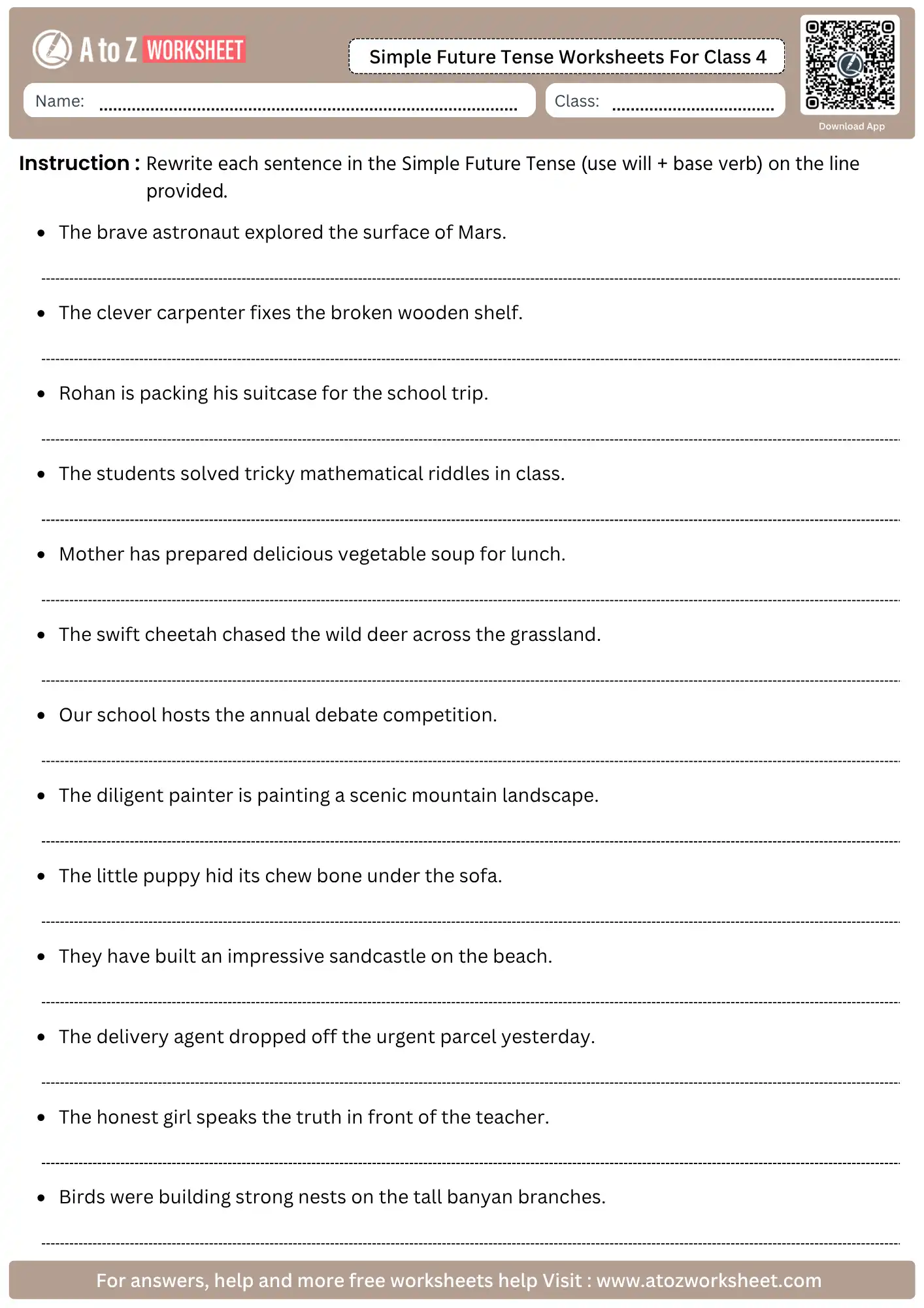 simple future tense worksheets for class 4 sentence rewriting transformation printable pdf