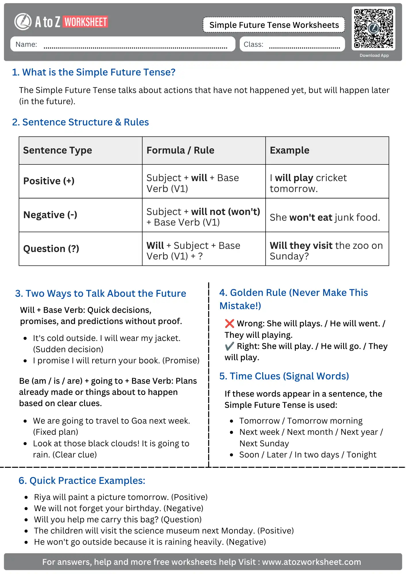 simple future tense worksheets grammar rules sentence structure formulas printable pdf