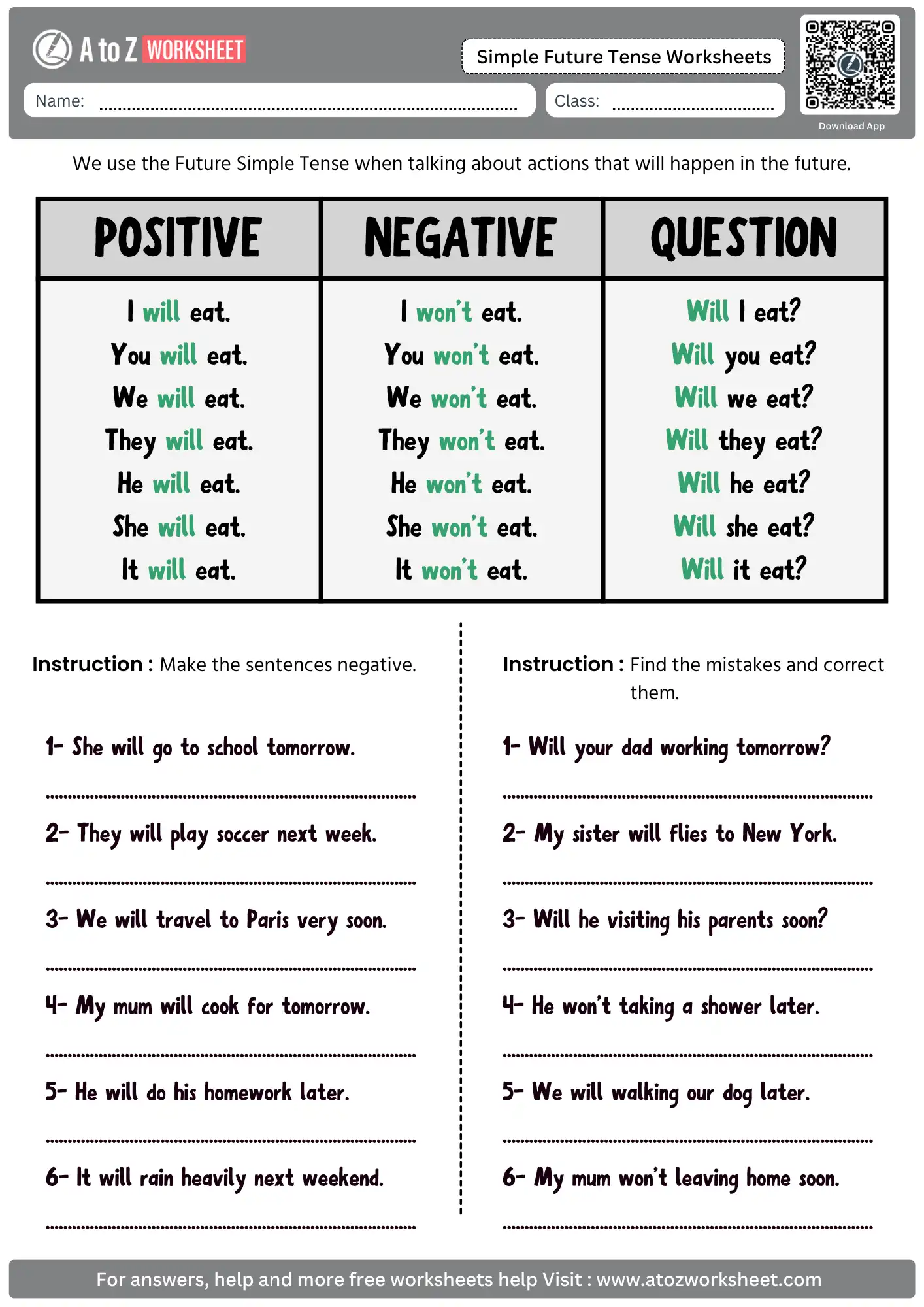 simple future tense worksheets negative sentences error correction practice free worksheet