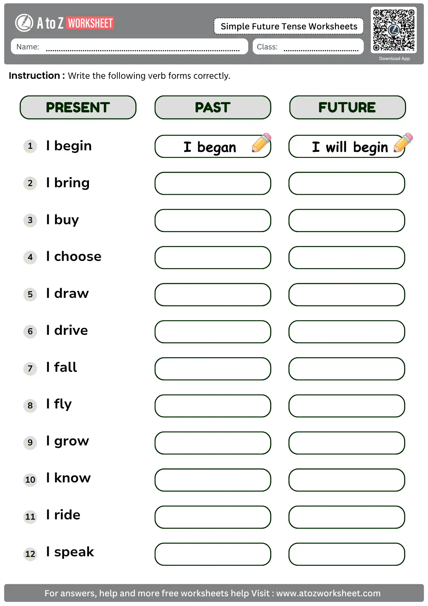 simple future tense worksheets present past future verb forms table printable pdf