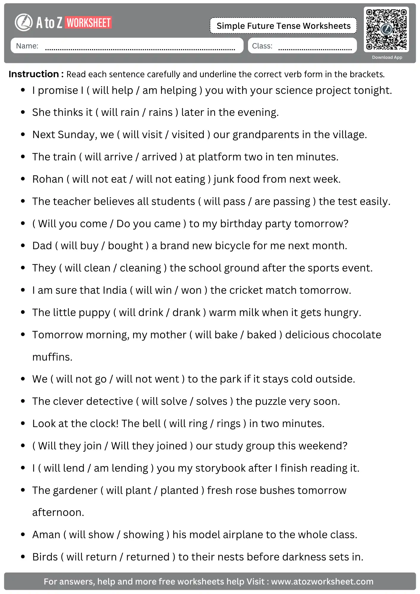 simple future tense worksheets choose correct verb form in brackets with answers