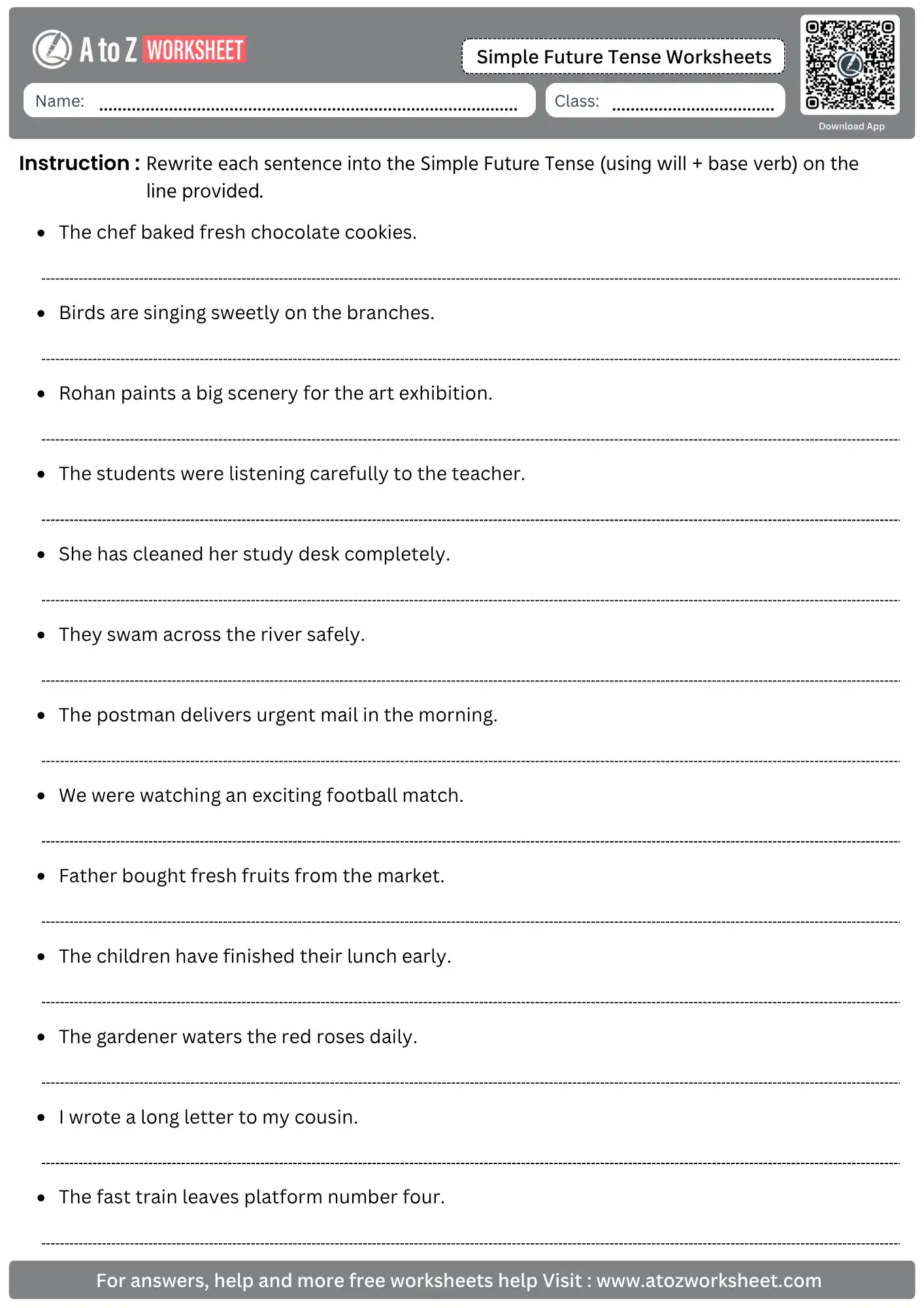 simple future tense worksheets sentence transformation rewriting drills english grammar