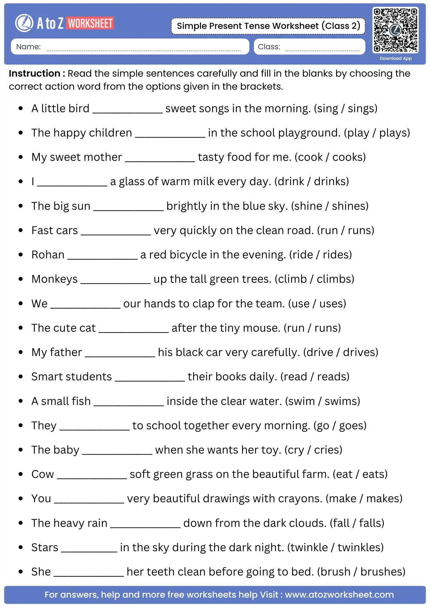 simple present tense worksheets for class 2 featuring a twenty item fill in the blank action word test