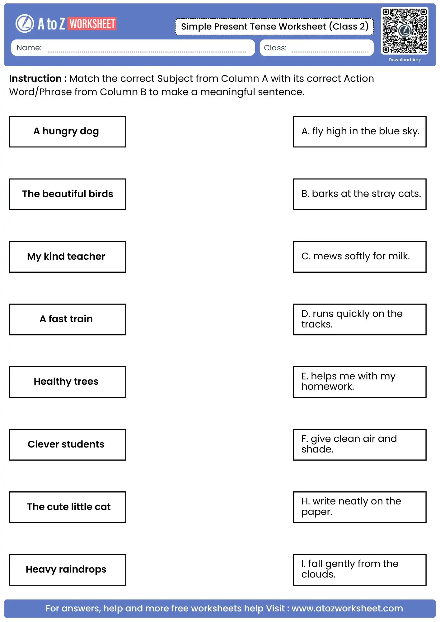 subject and action phrase matching columns within a simple present tense worksheets for class 2 pack