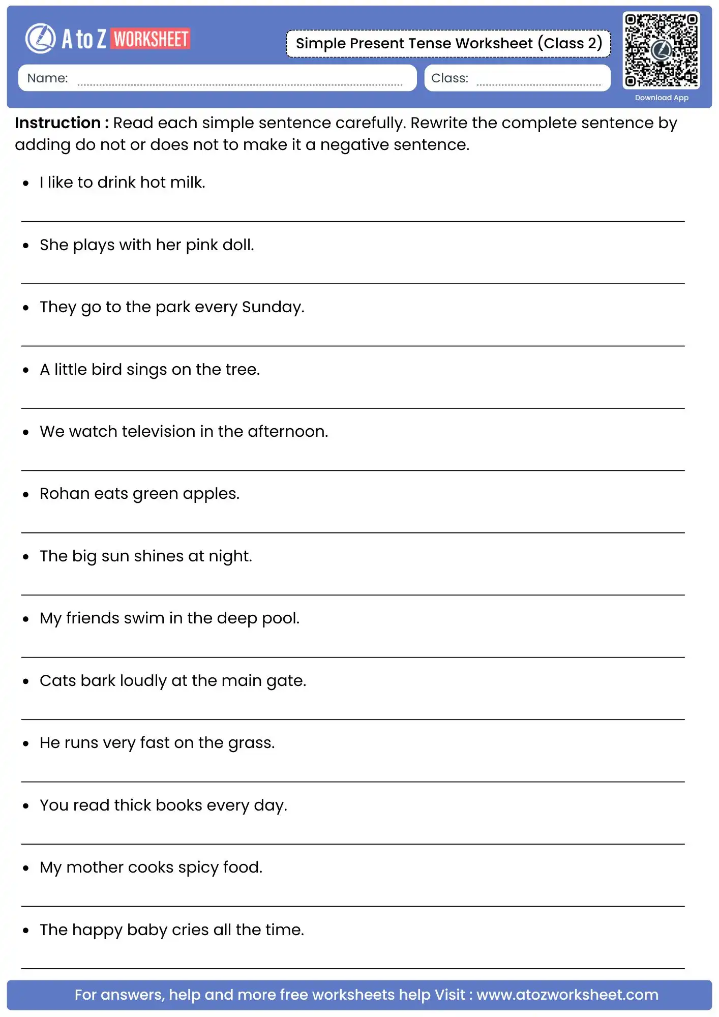 negative sentence rewriting exercises on simple present tense worksheets for class 2 printables