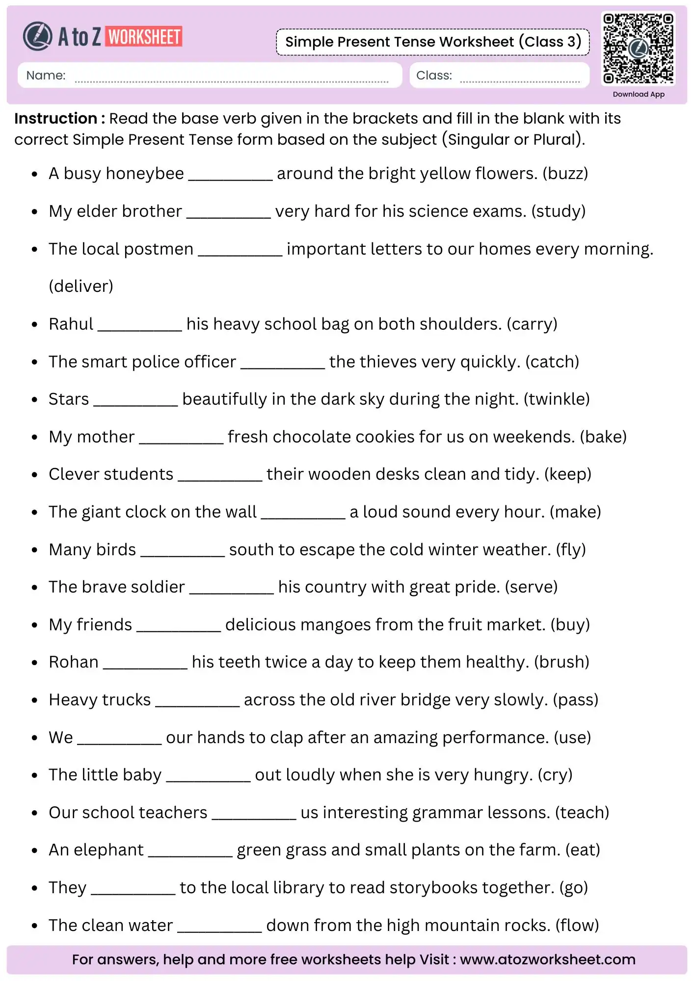 simple present tense worksheets for class 3 featuring a comprehensive twenty sentence verb conjugation test