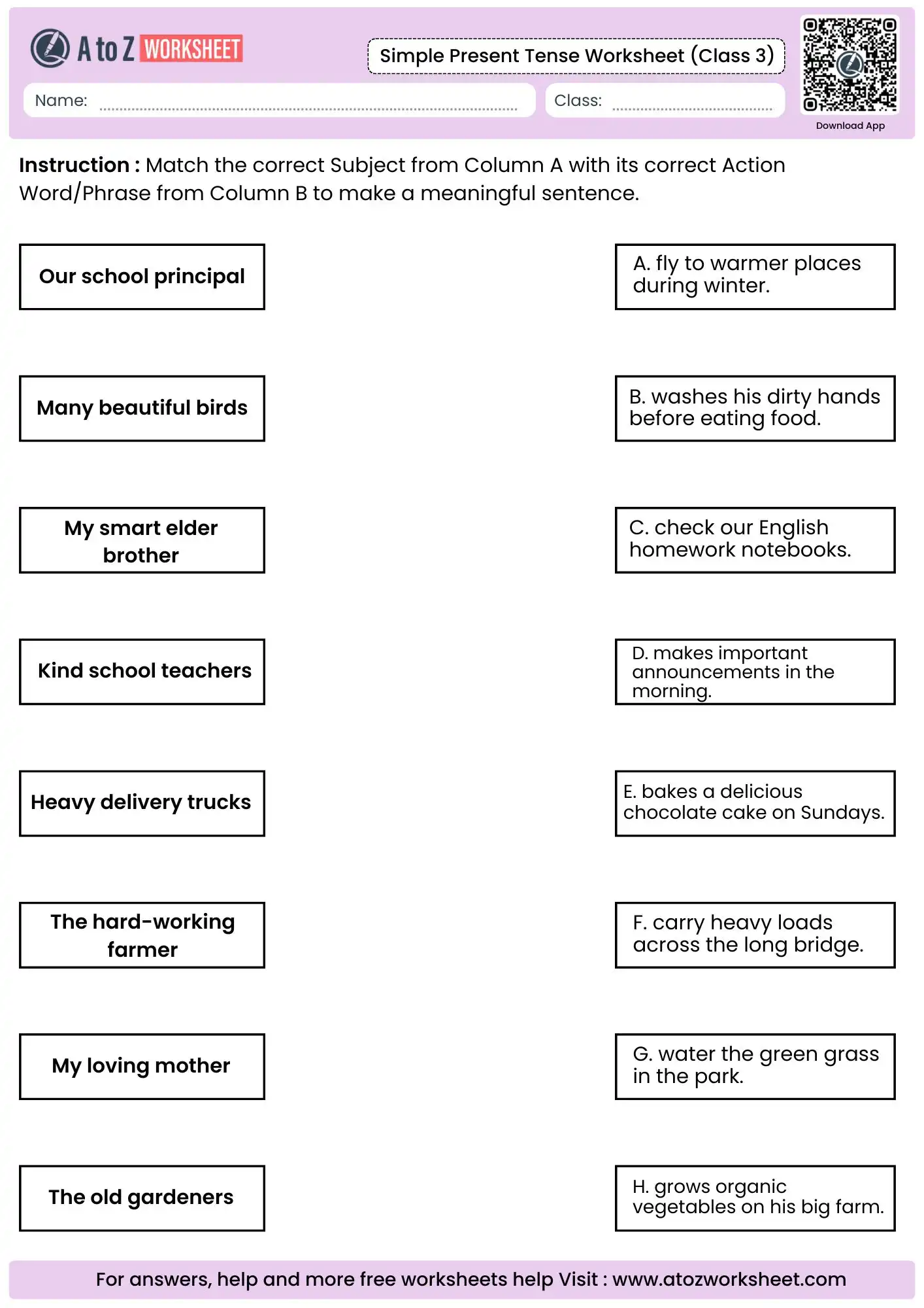 matching columns connecting subject blocks to predicate phrases on simple present tense worksheets for class 3