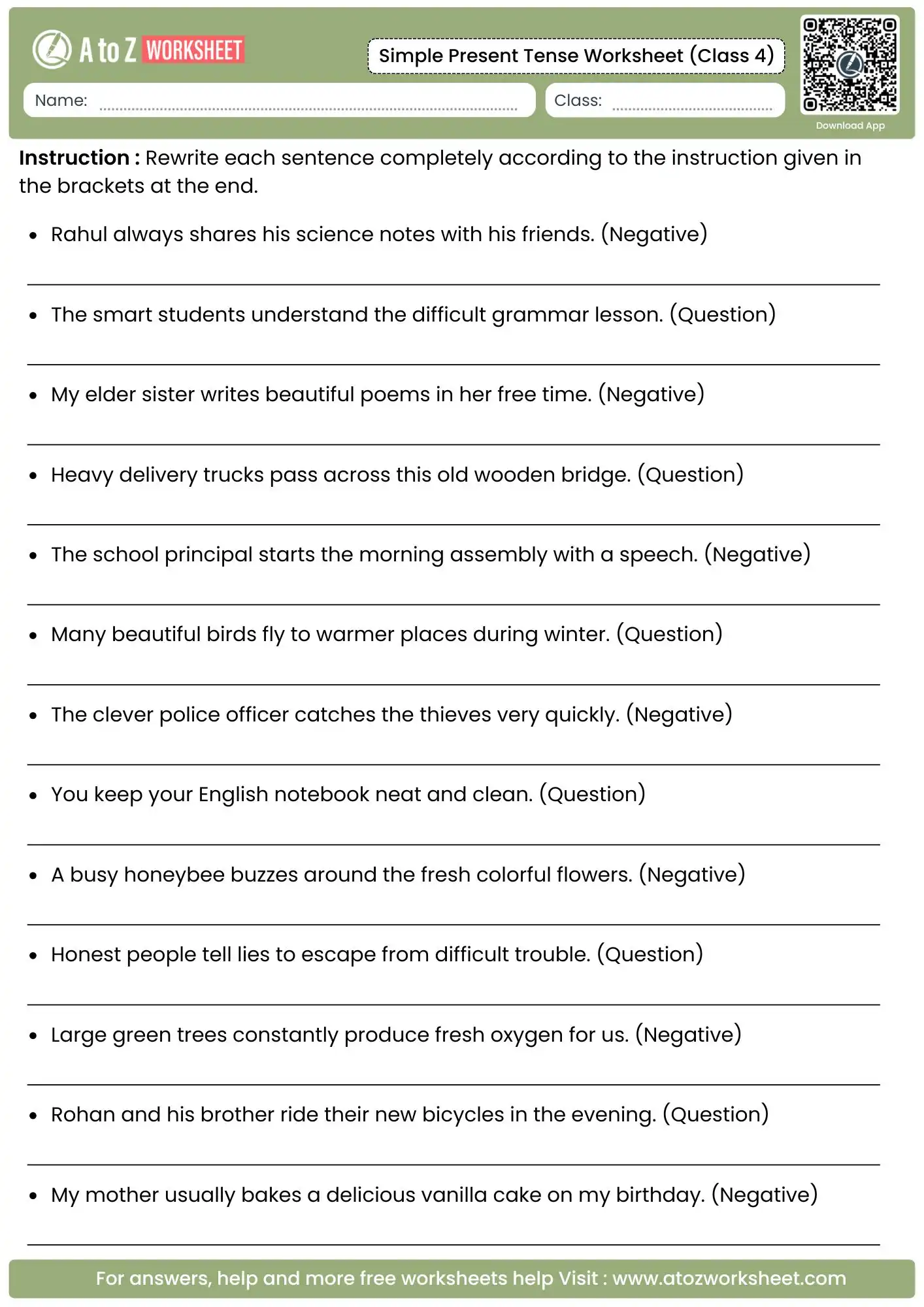 Simple Present Tense Worksheets For Class 4 2 negative and question transformation exercises displayed on simple present tense worksheets for class 4