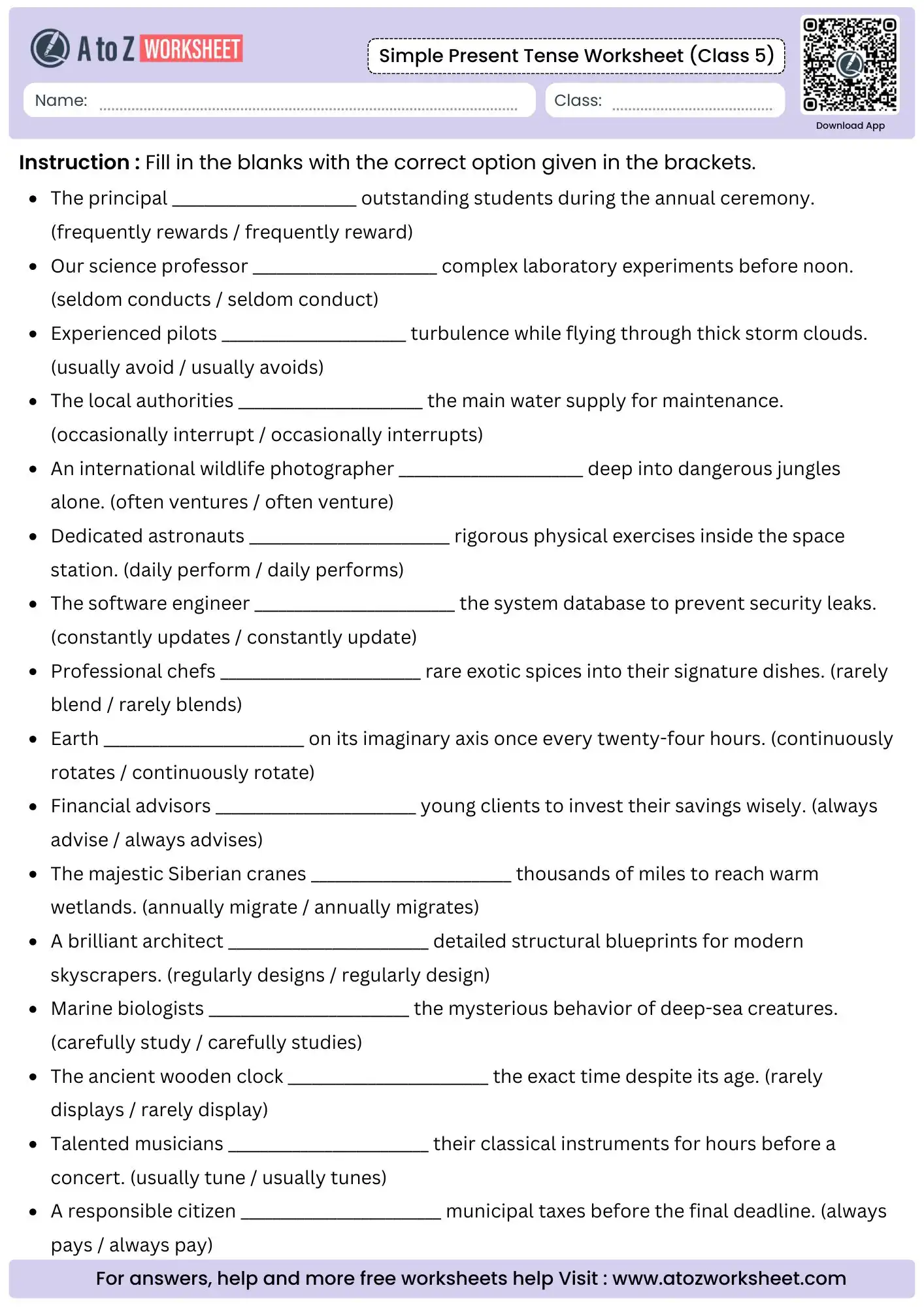simple present tense worksheets for class 5 featuring a technical career fill in the blank options test