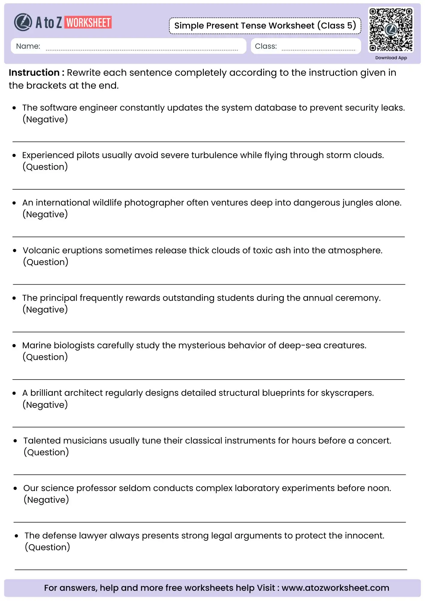 complete sentence inversion exercises on simple present tense worksheets for class 5 layouts