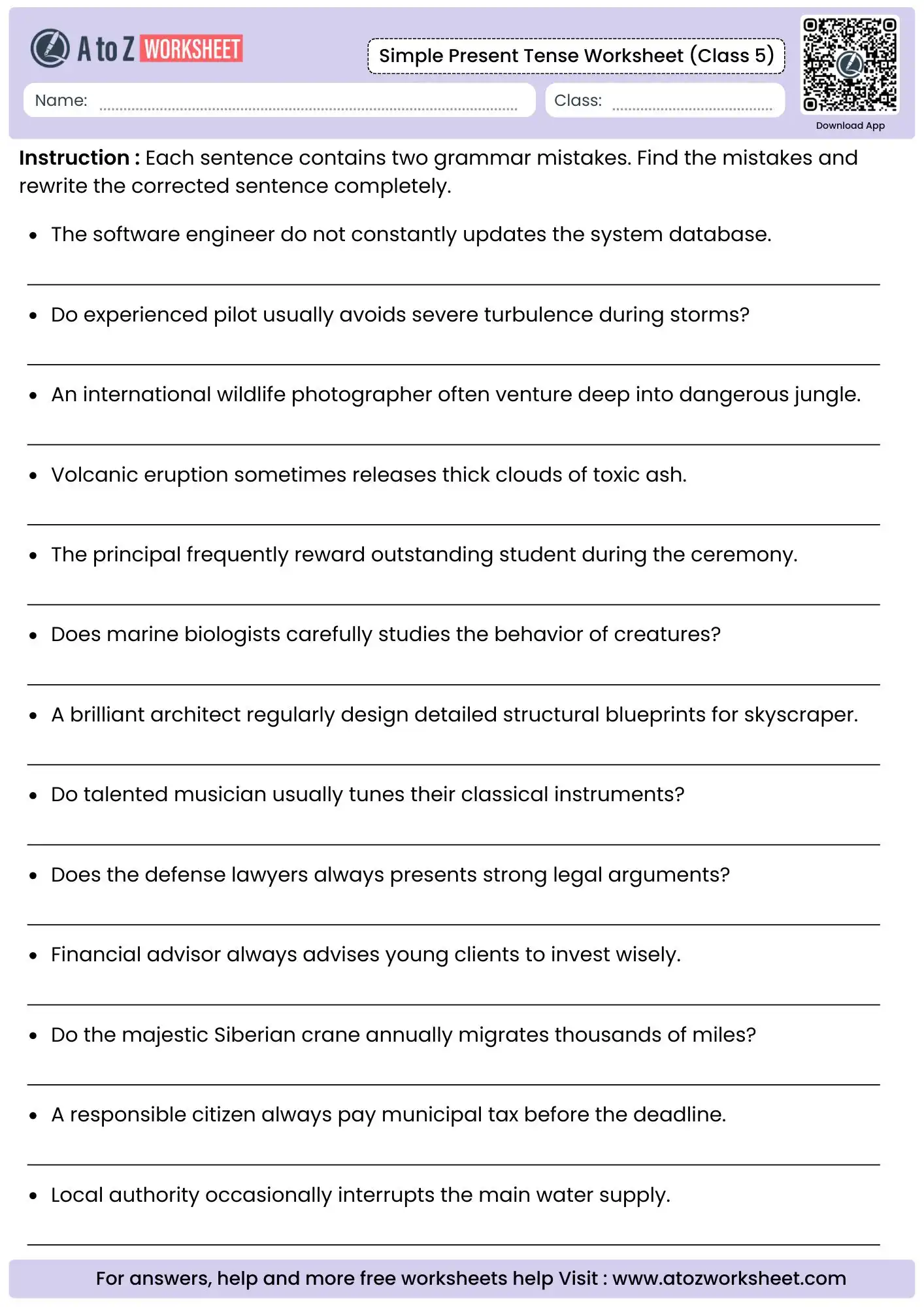 rigorous proofreading block to find two hidden grammar mistakes on simple present tense worksheets for class 5
