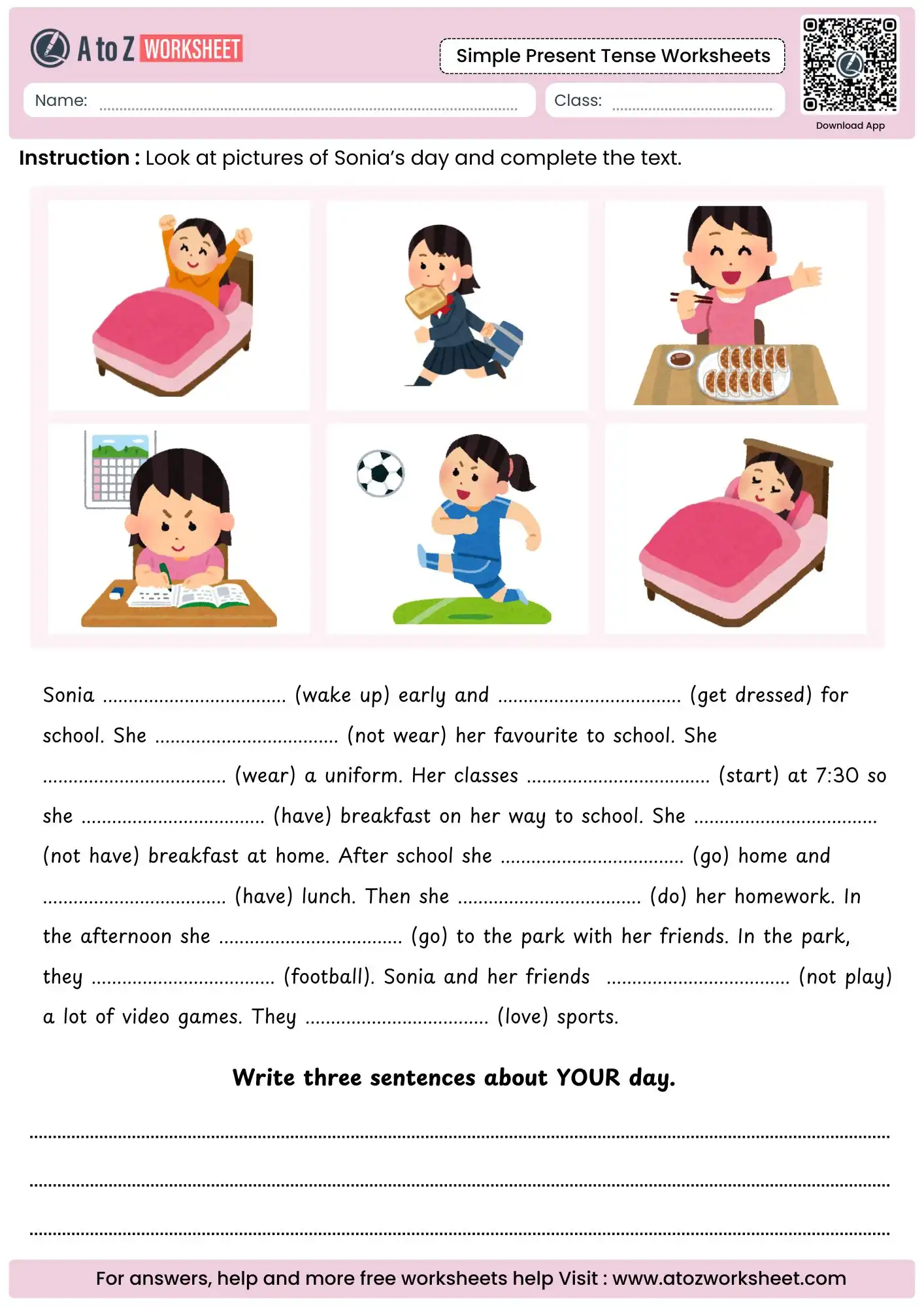 simple present tense worksheets featuring a visual story tracking sonias daily school routine
