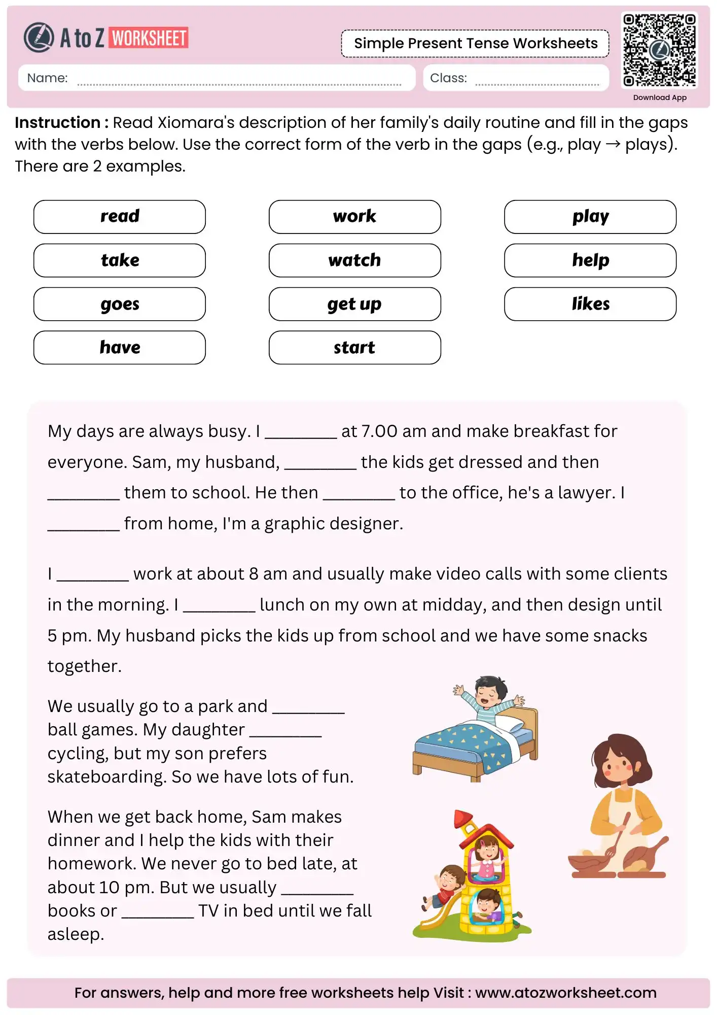 reading comprehension simple present tense worksheets describing an adult family routine block