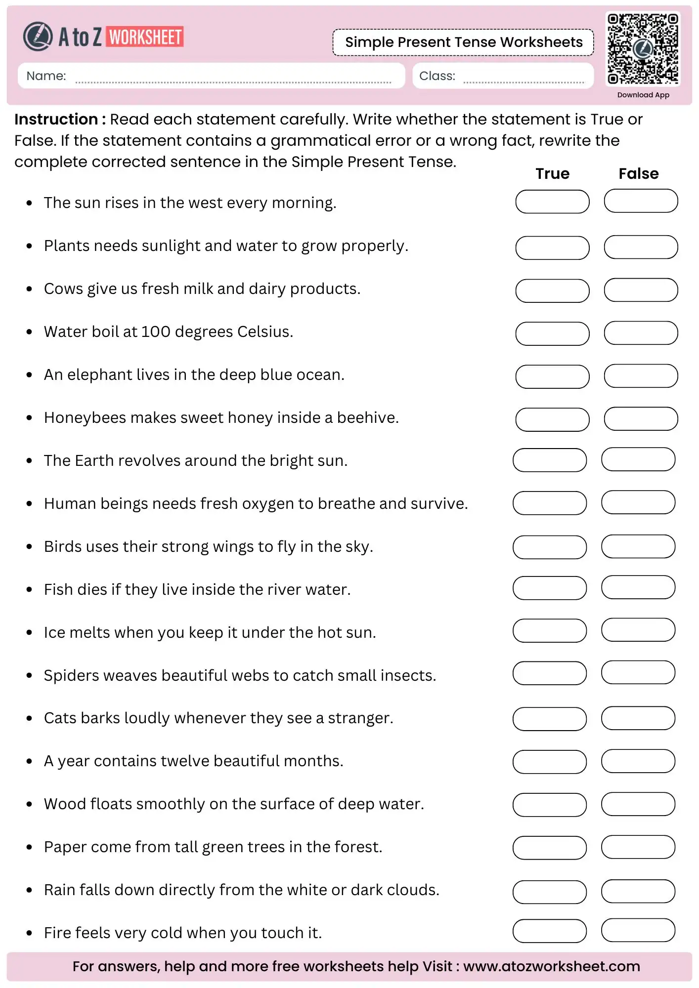 universal fact true or false evaluation list within simple present tense worksheets pack