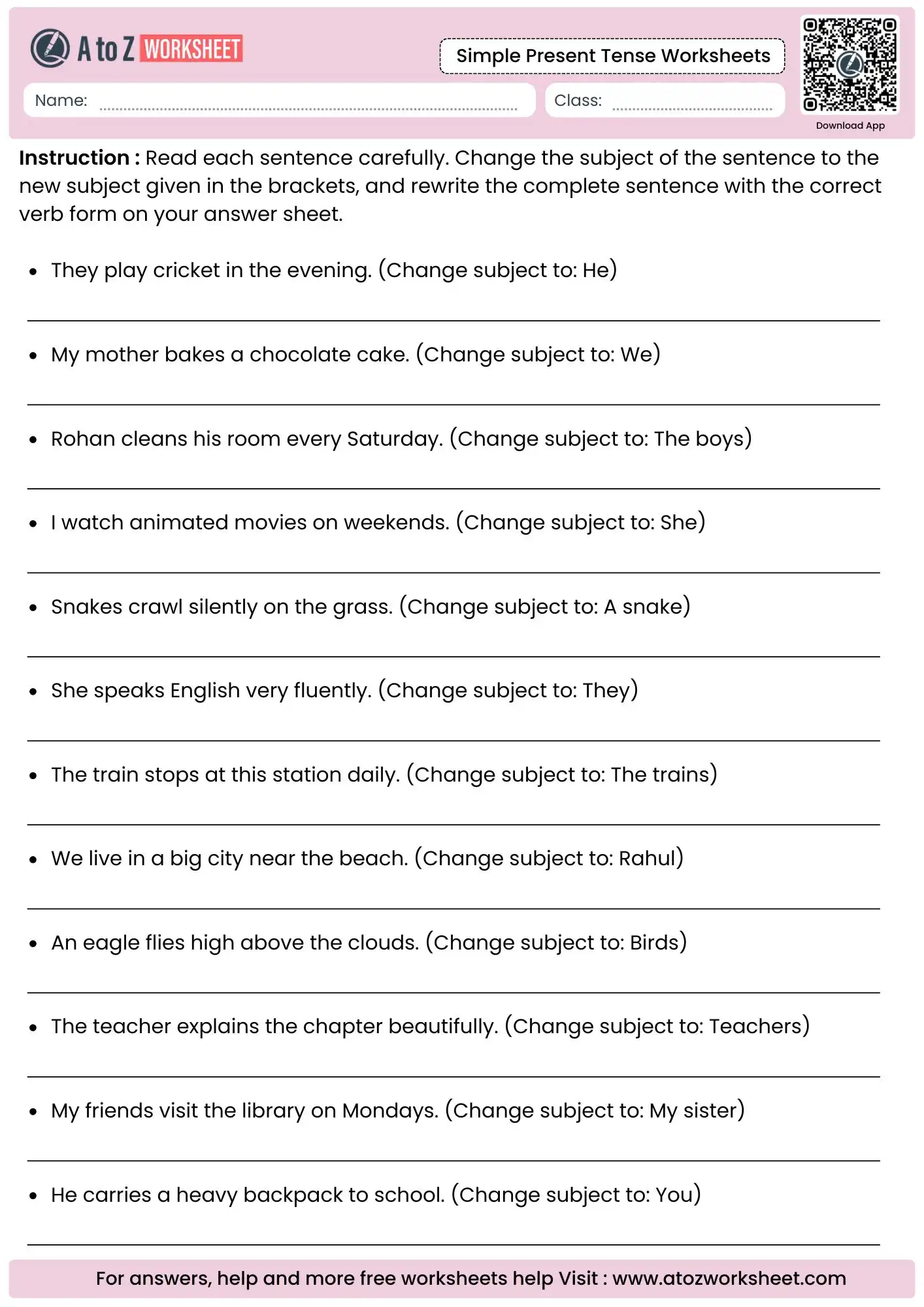 subject replacement simple present tense worksheets prompting complete phrase adjustments