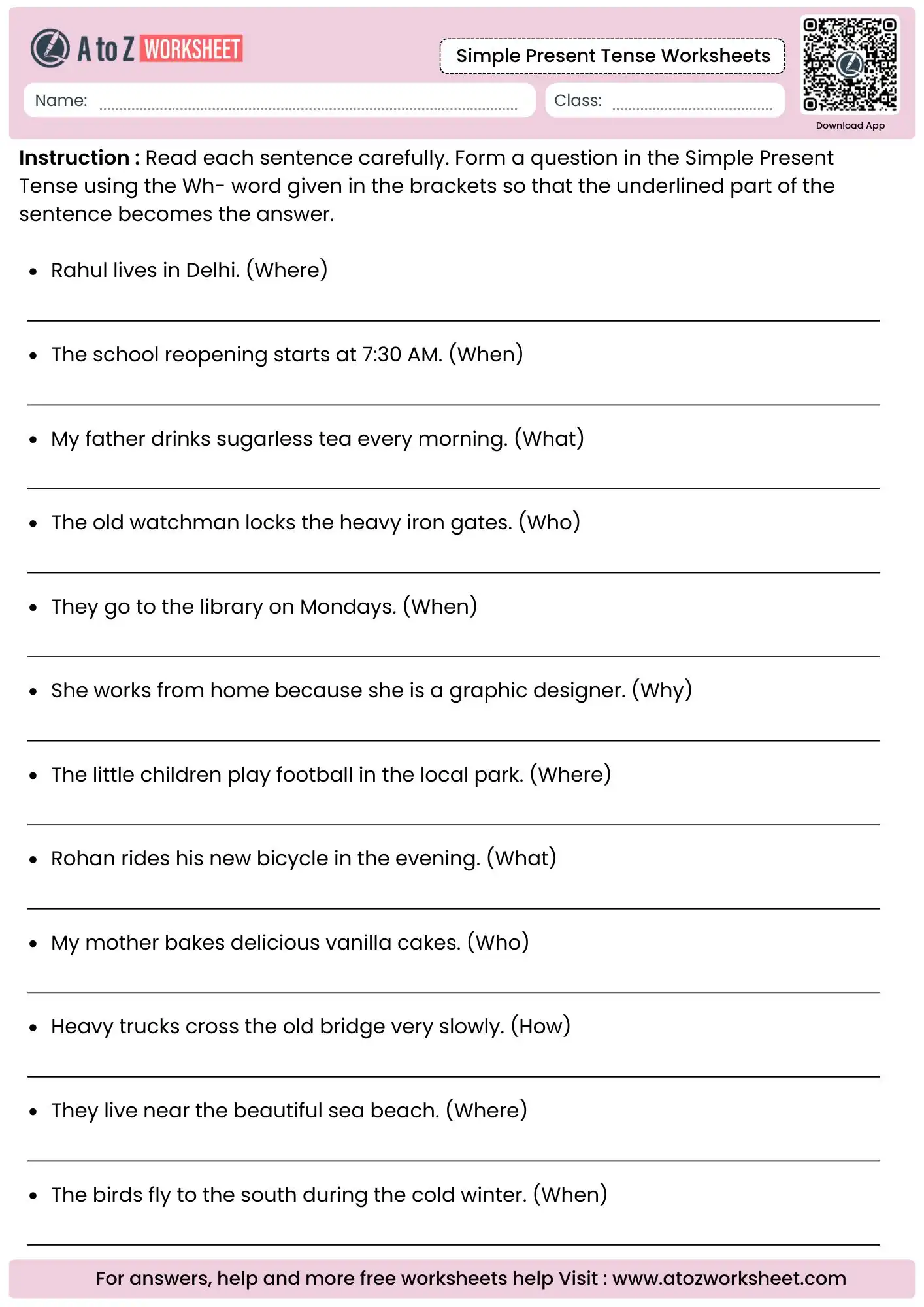 question formation simple present tense worksheets using bracketed wh word prompts