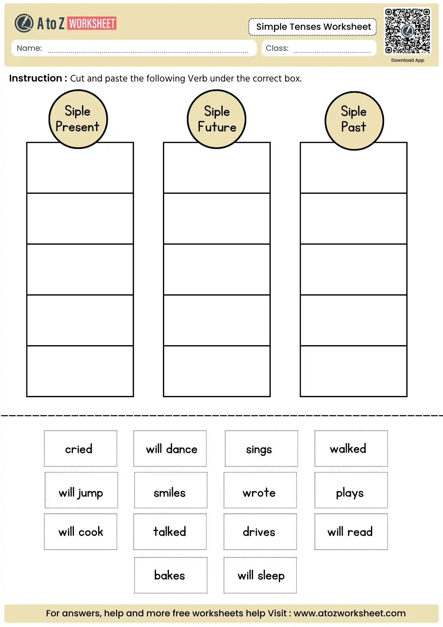 cut and paste verb sorting activity under ice cream scoop titles in a pack of simple tenses worksheets.