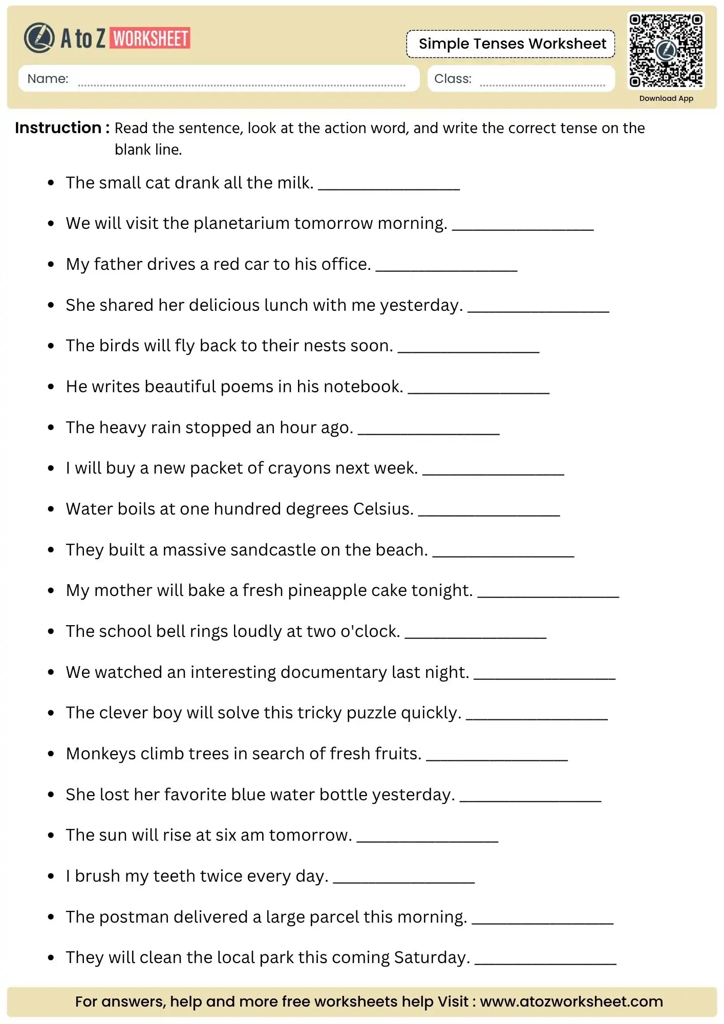 identify the action word and write timeline labels on blank spaces in a set of simple tenses worksheets.