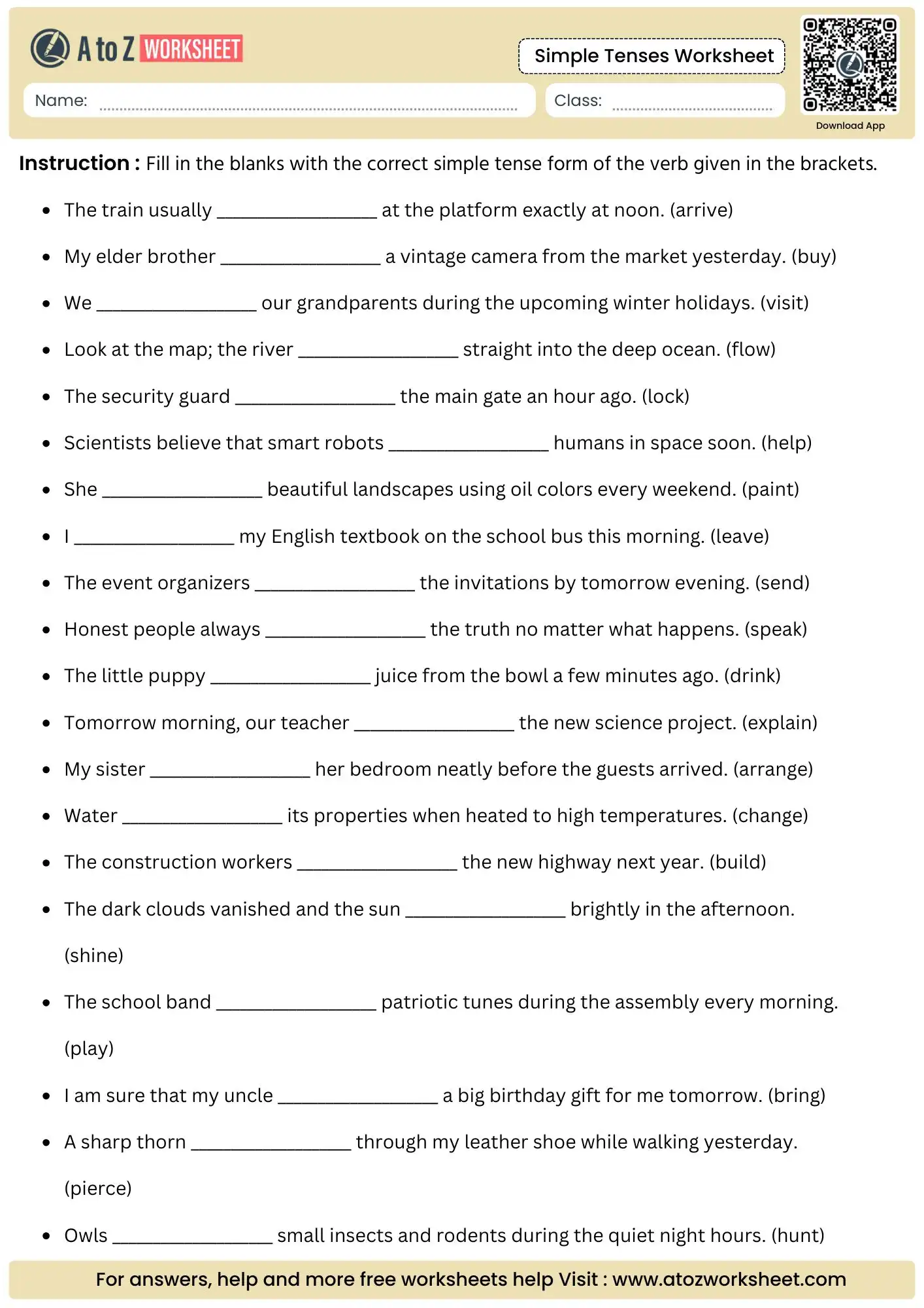 contextual fill in the blanks using bracketed base verbs in a collection of simple tenses worksheets.