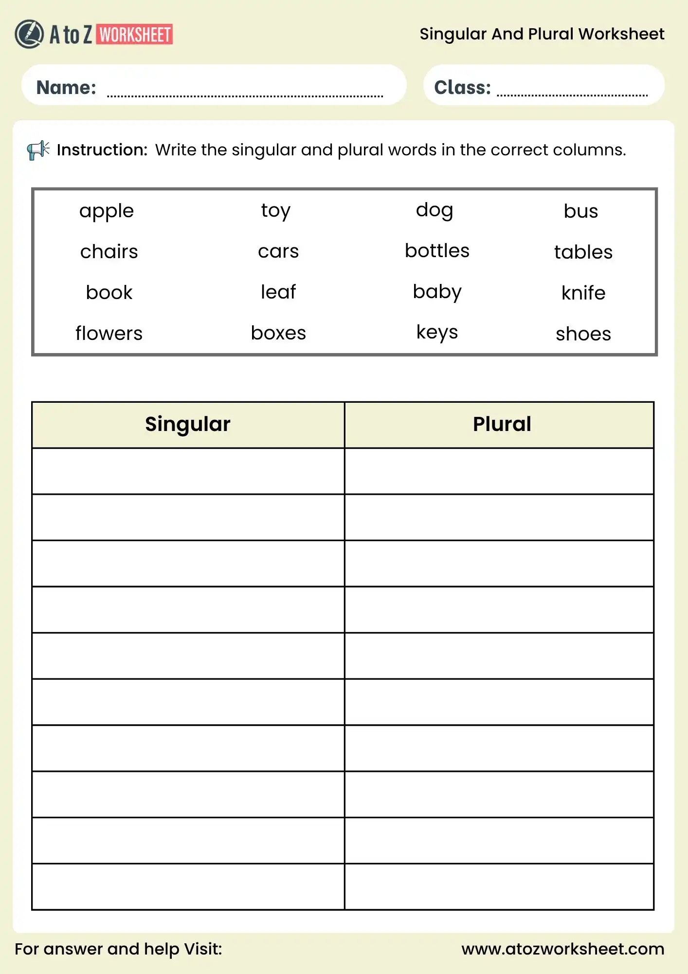singular and plural nouns worksheet sorting activity for class 1 and class 2
