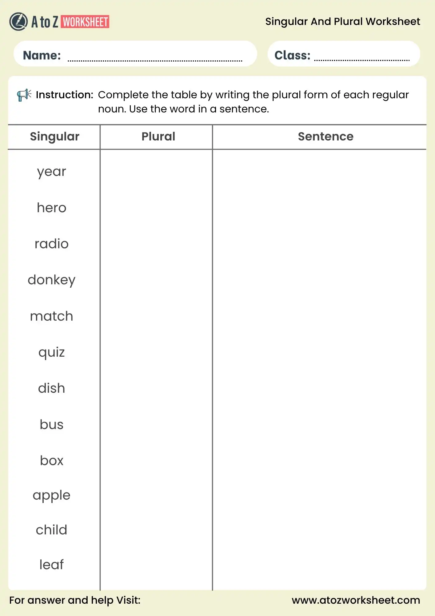 singular and plural nouns worksheet table writing activity for class 3