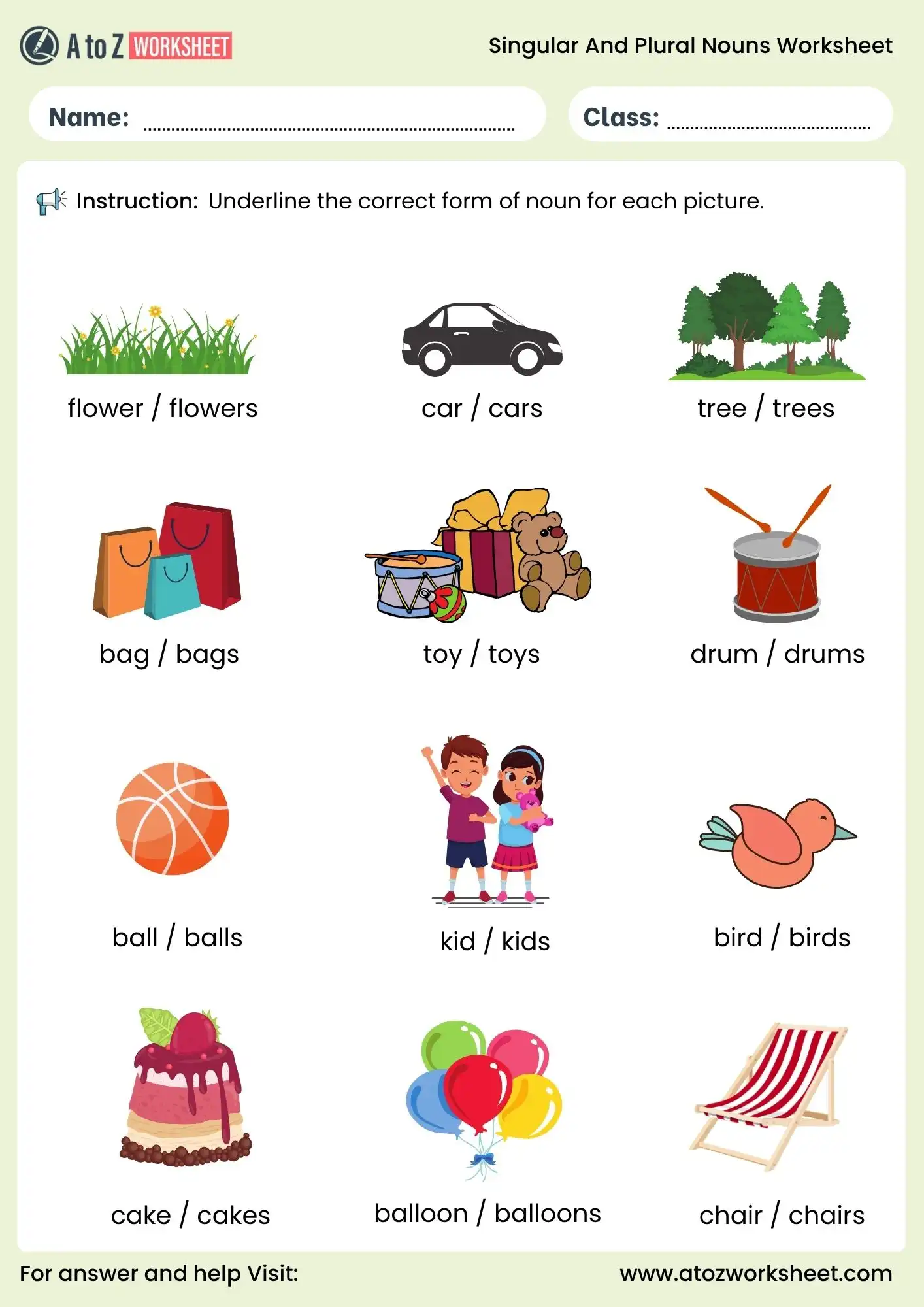 singular and plural nouns worksheets for grade 1 to grade 5 picture identification activity